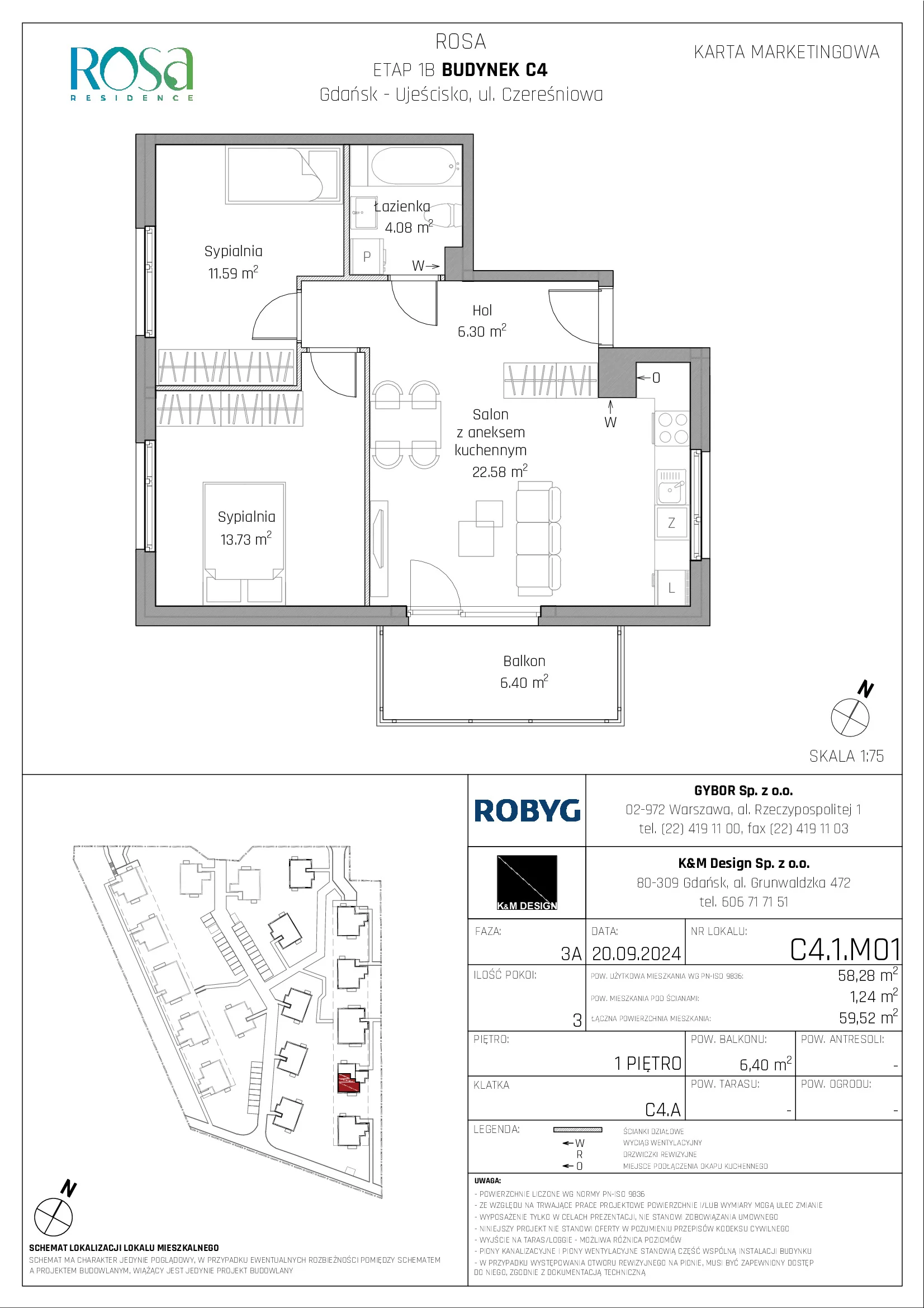 Mieszkanie 58,28 m², piętro 1, oferta nr C4.1M01, ROSA Residence, Gdańsk, Ujeścisko-Łostowice, Ujeścisko, ul. Śliwkowa