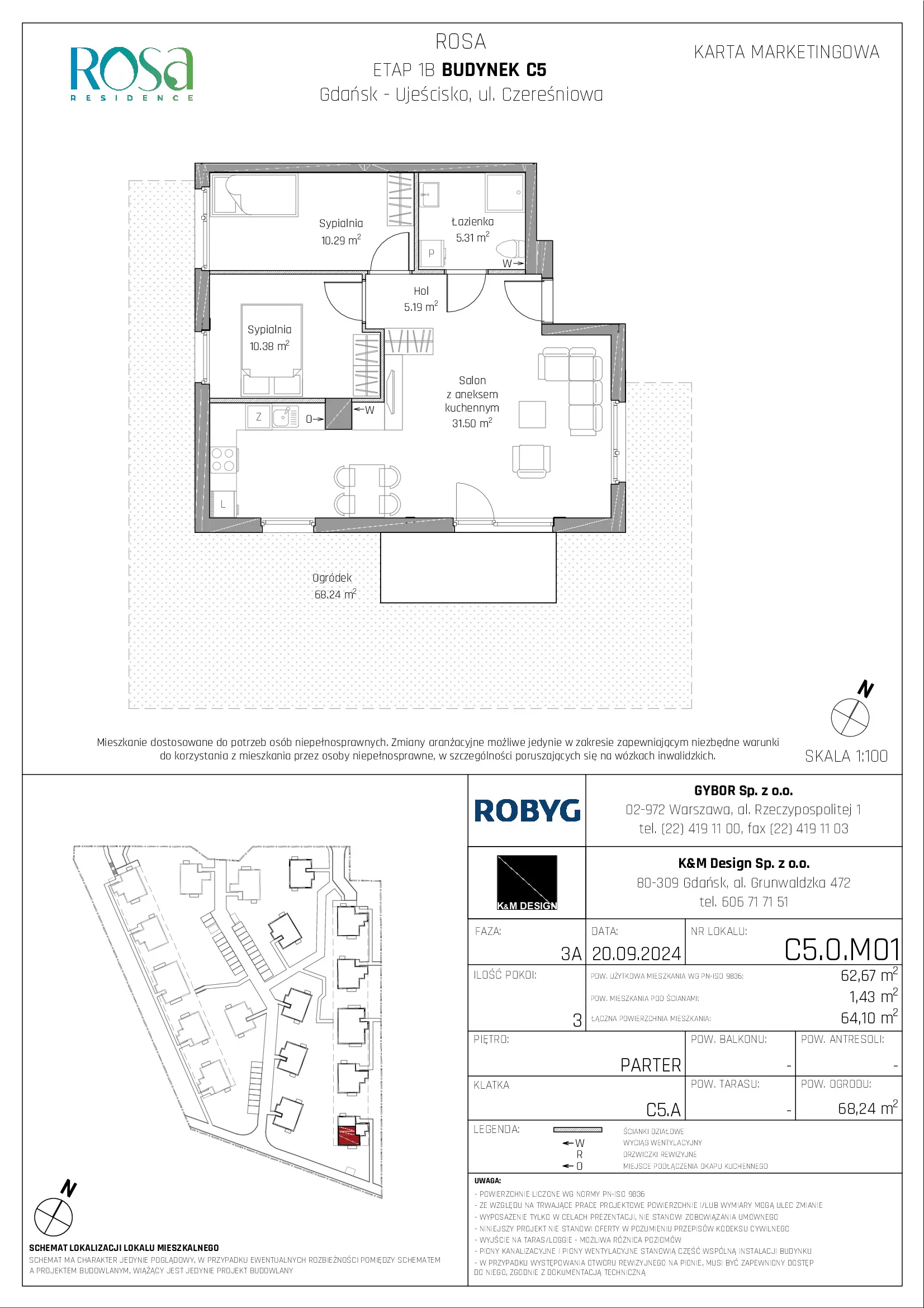 Mieszkanie 62,67 m², parter, oferta nr C5.0M01, ROSA Residence, Gdańsk, Ujeścisko-Łostowice, Ujeścisko, ul. Śliwkowa