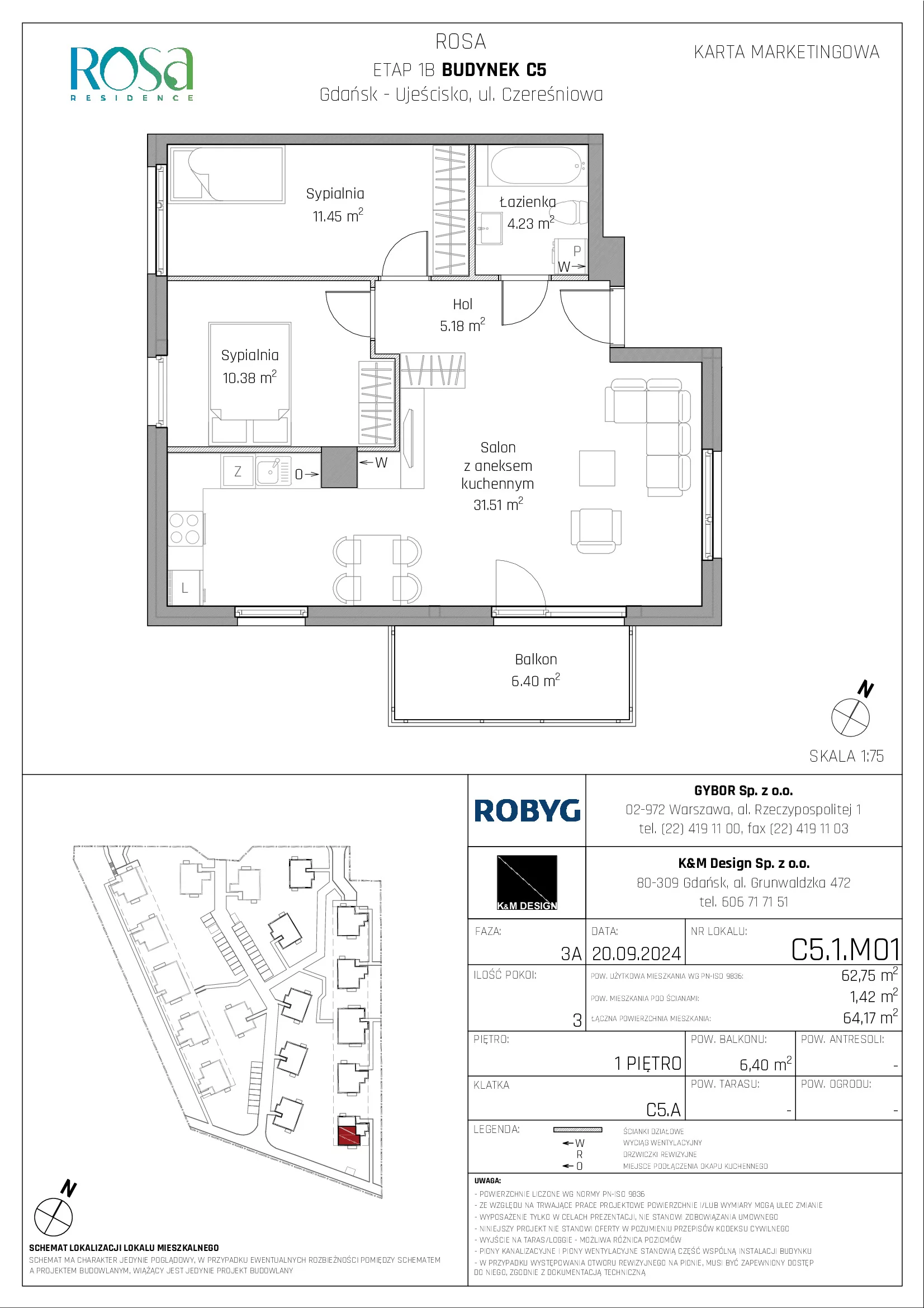 Mieszkanie 62,75 m², piętro 1, oferta nr C5.1M01, ROSA Residence, Gdańsk, Ujeścisko-Łostowice, Ujeścisko, ul. Śliwkowa