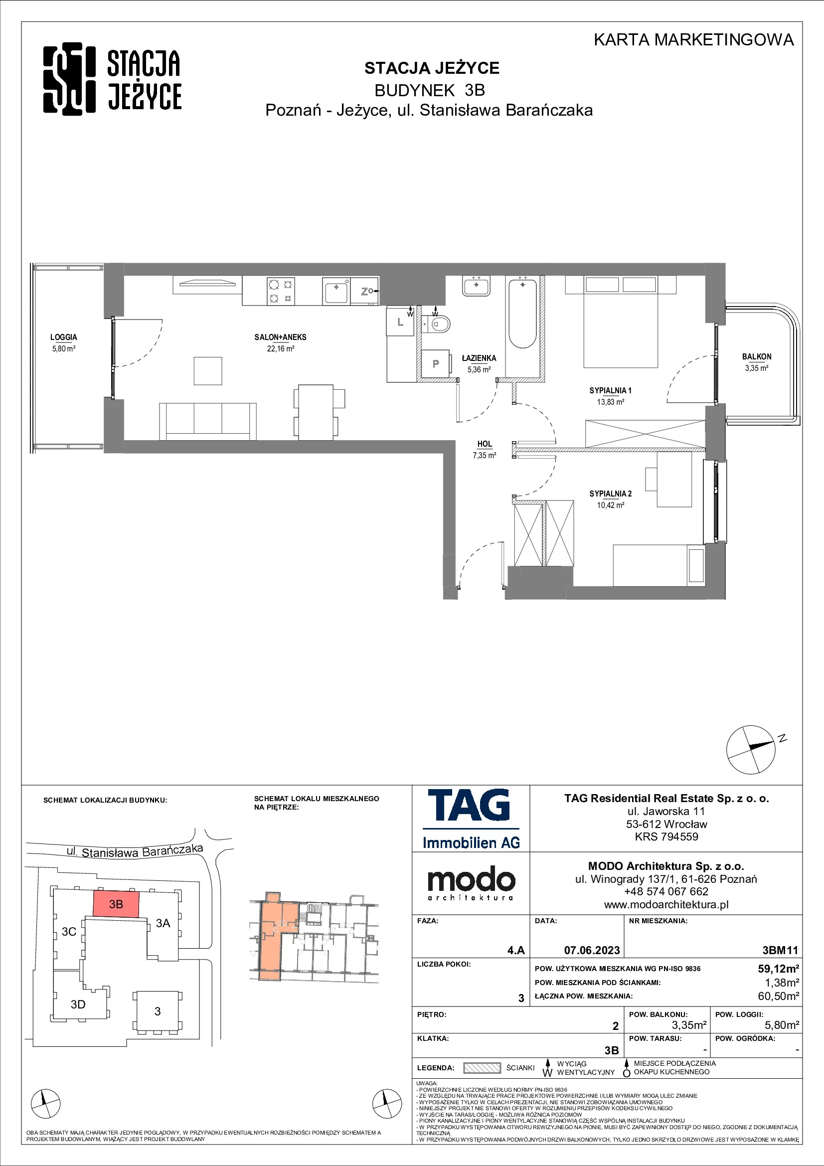 Mieszkanie 59,12 m², piętro 2, oferta nr 3BM11, Stacja Jeżyce, Poznań, Jeżyce, Jeżyce, ul. Stanisława Barańczaka 3
