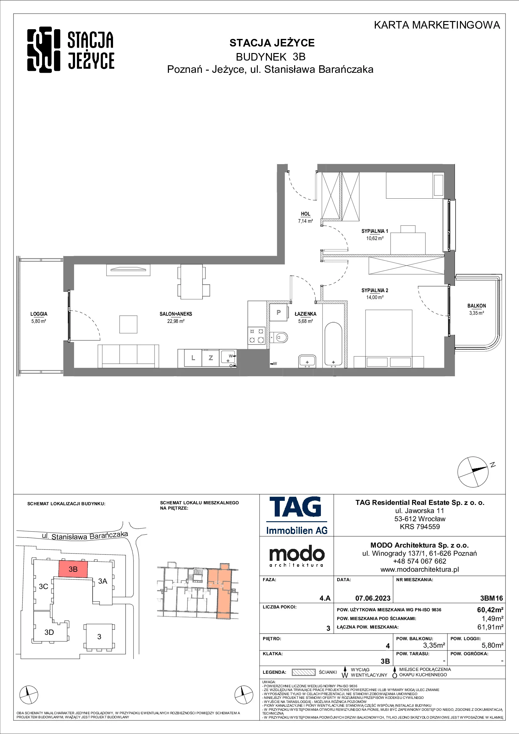 Mieszkanie 60,42 m², piętro 4, oferta nr 3BM16, Stacja Jeżyce, Poznań, Jeżyce, Jeżyce, ul. Stanisława Barańczaka 3