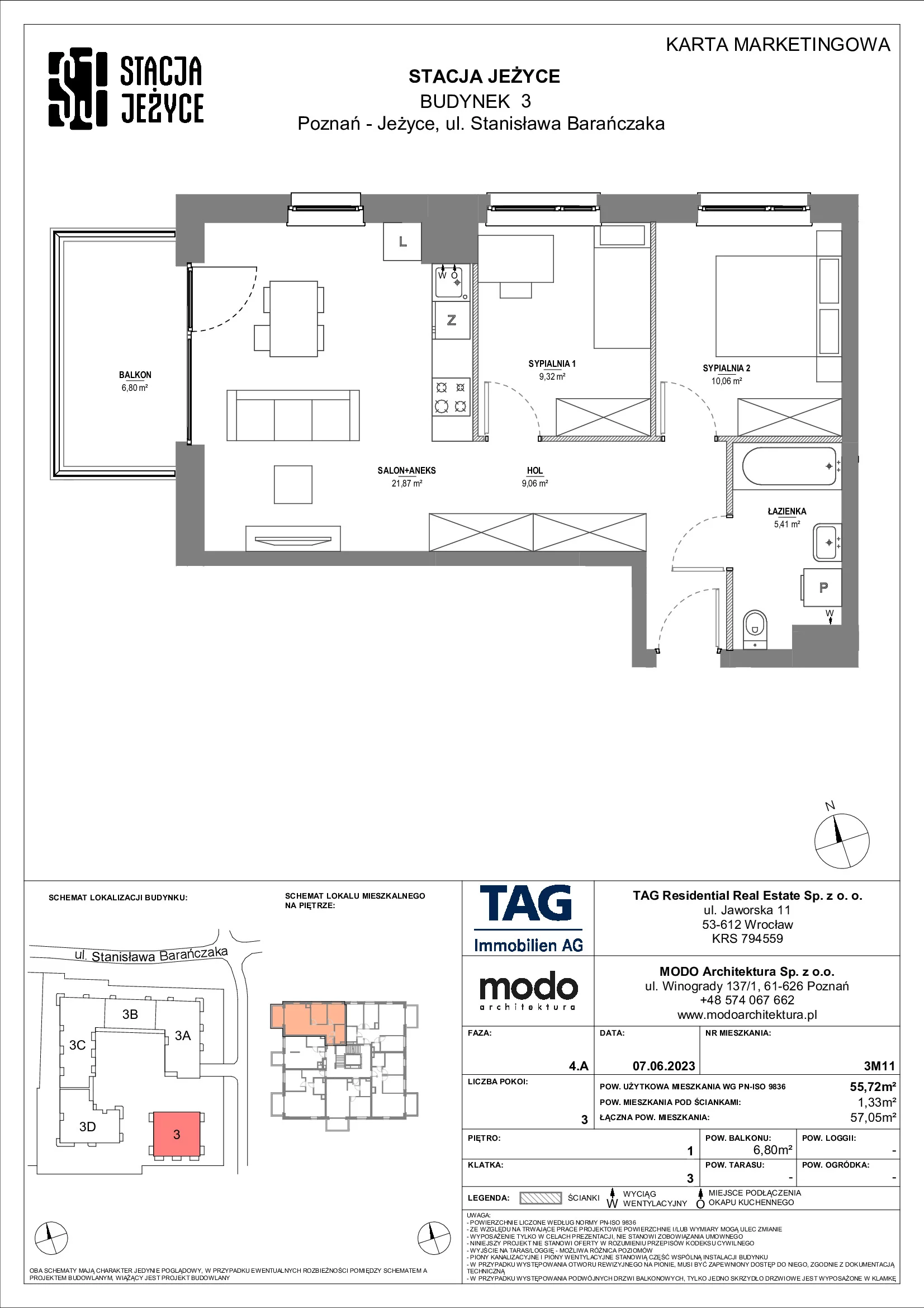Mieszkanie 55,72 m², piętro 1, oferta nr 3M11, Stacja Jeżyce, Poznań, Jeżyce, Jeżyce, ul. Stanisława Barańczaka 3