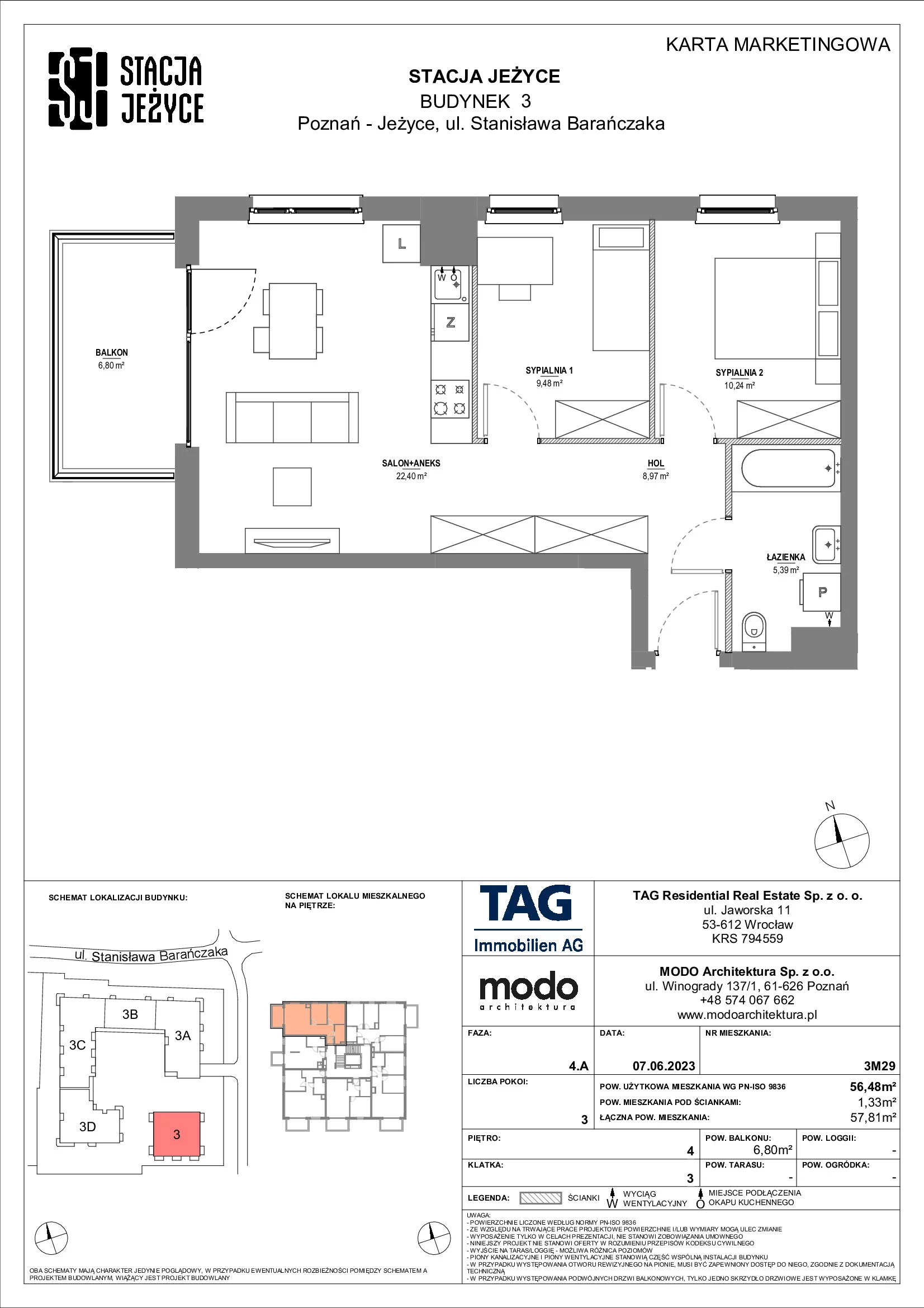 Mieszkanie 56,48 m², piętro 4, oferta nr 3M29, Stacja Jeżyce, Poznań, Jeżyce, Jeżyce, ul. Stanisława Barańczaka 3