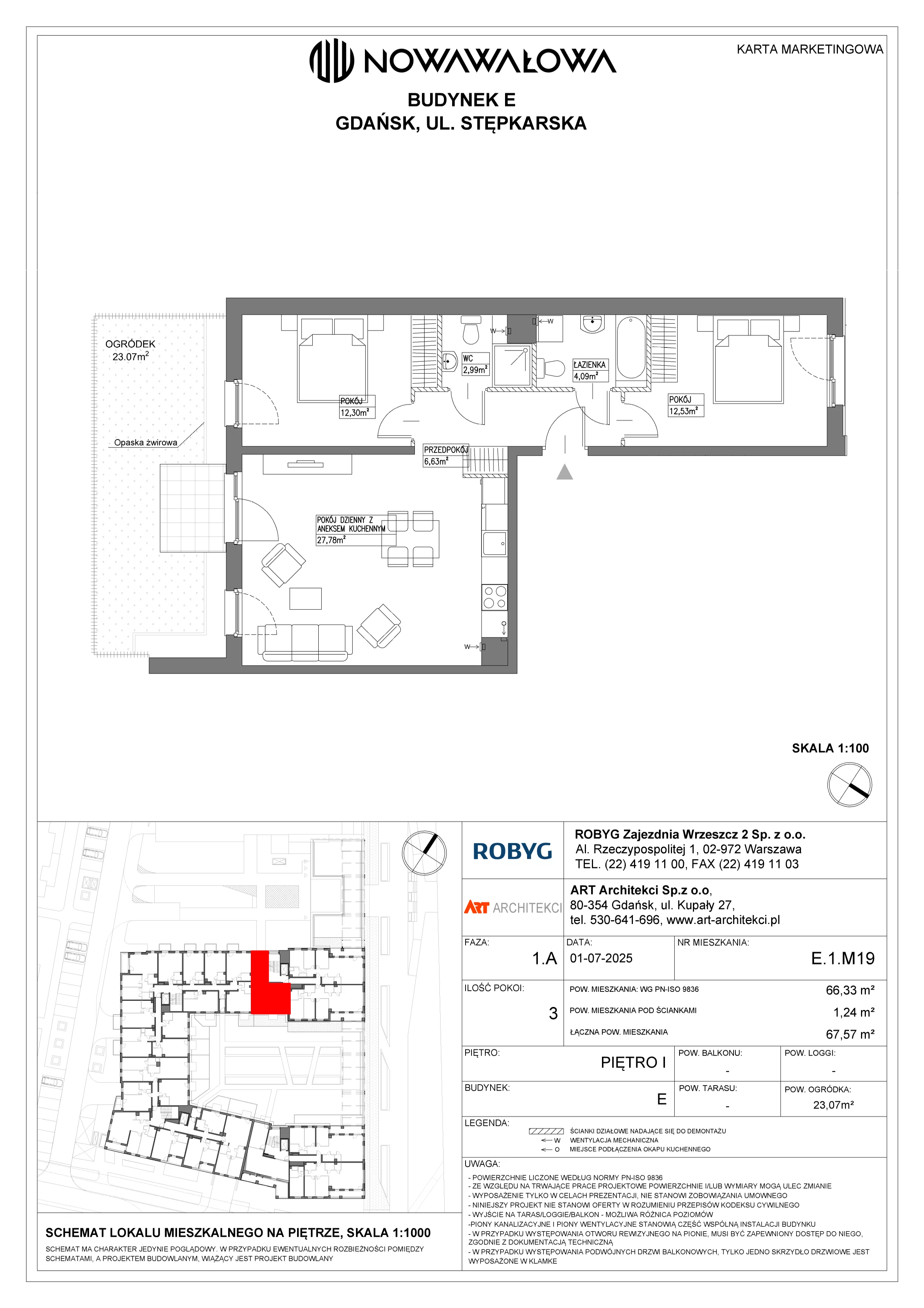 3 pokoje, mieszkanie 66,33 m², piętro 1, oferta nr E.1M19, Nowa Wałowa, Gdańsk, Śródmieście, ul. Stępkarska / Wiosna Ludów