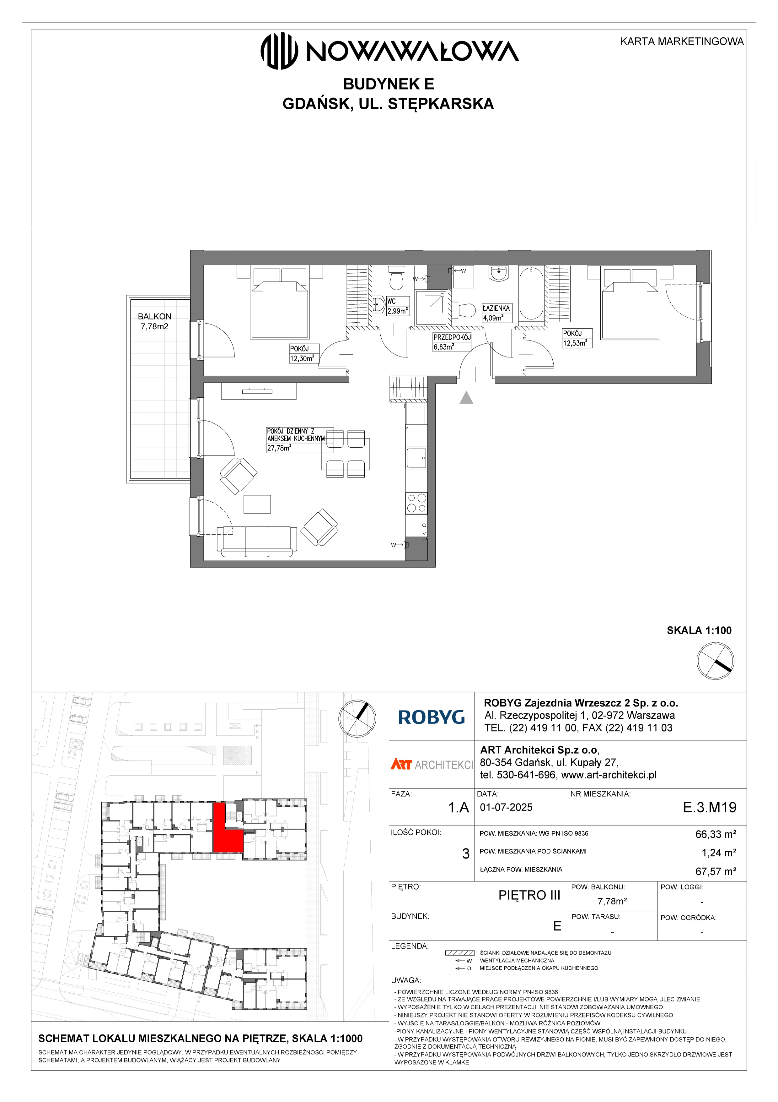 3 pokoje, mieszkanie 66,33 m², piętro 3, oferta nr E.3M19, Nowa Wałowa, Gdańsk, Śródmieście, ul. Stępkarska / Wiosna Ludów