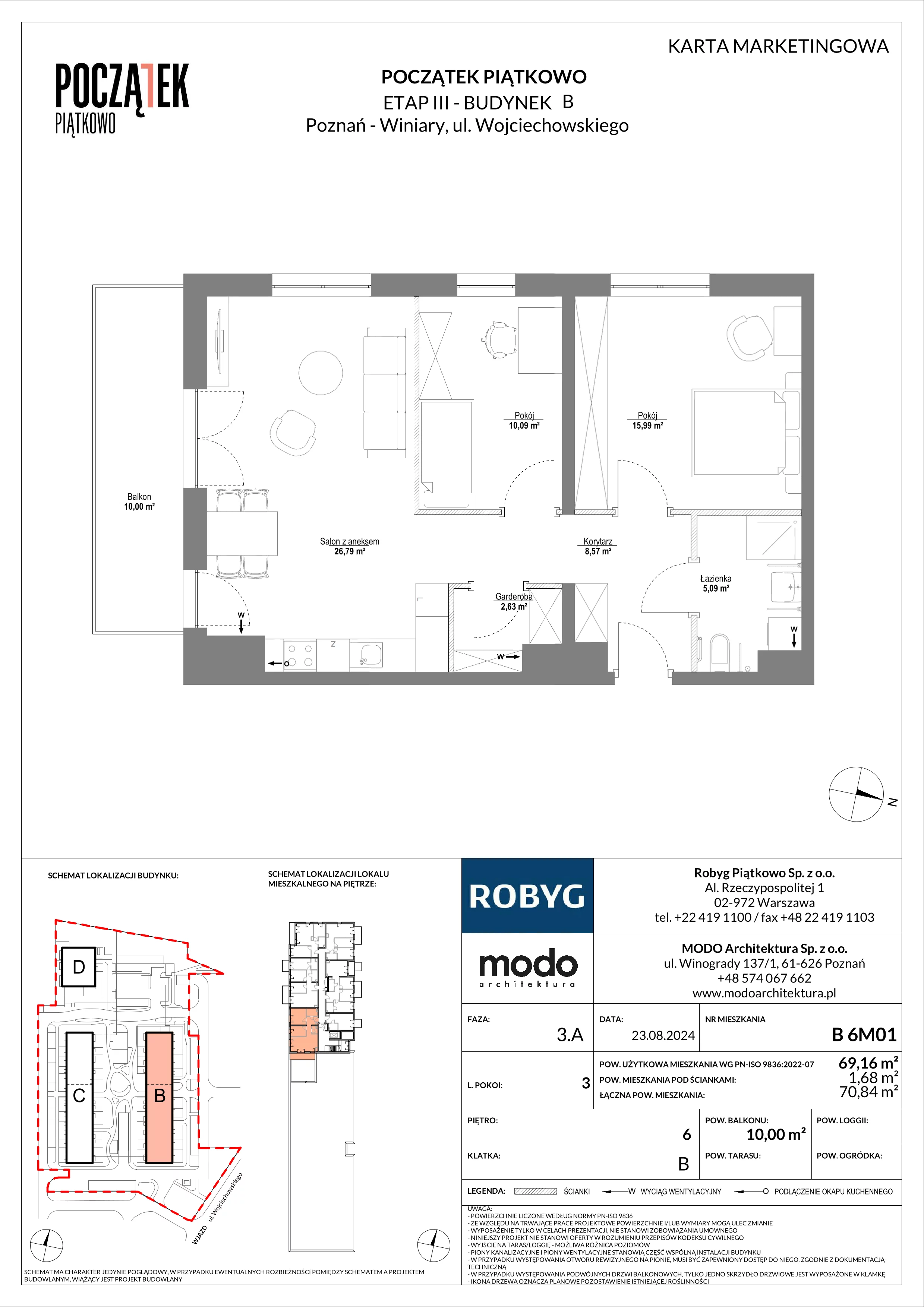 3 pokoje, mieszkanie 69,16 m², piętro 6, oferta nr B.6M01, Początek Piątkowo, Poznań, Piątkowo, ul. Wojciechowskiego