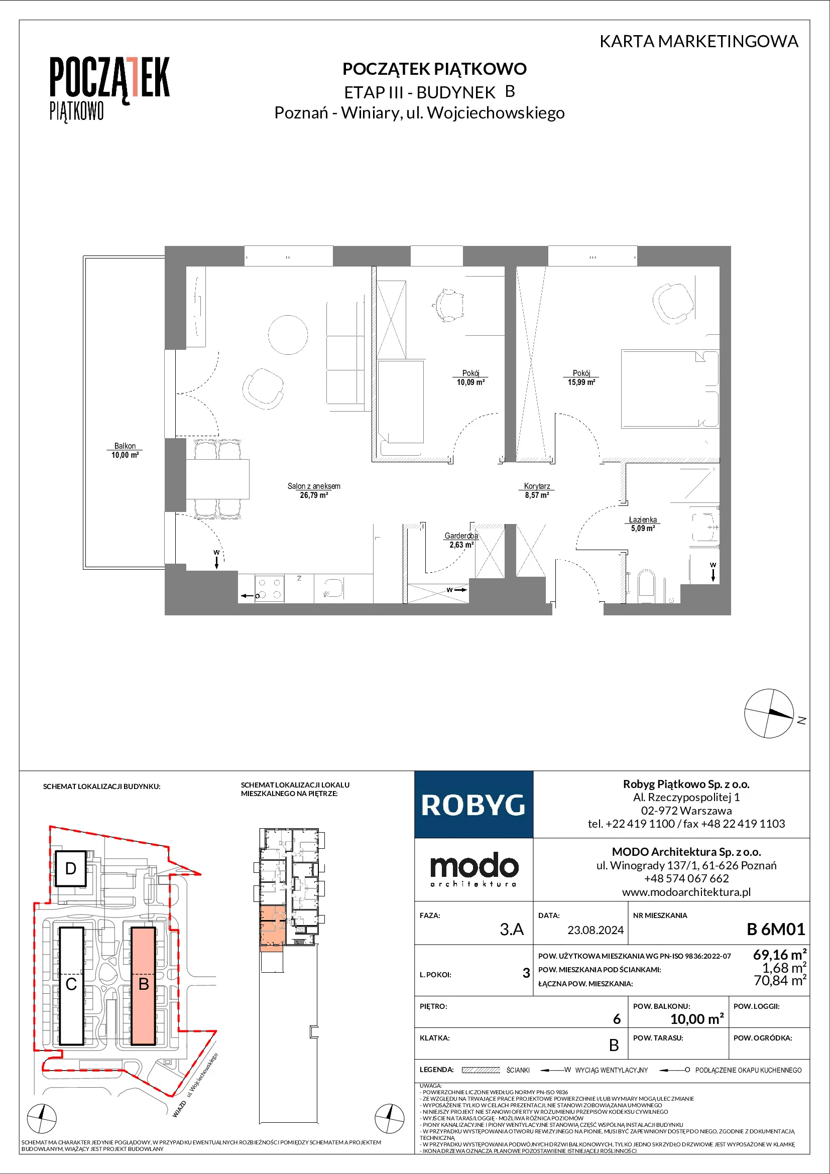 Mieszkanie 69,16 m², piętro 6, oferta nr B.6M01, Początek Piątkowo, Poznań, Piątkowo, ul. Wojciechowskiego