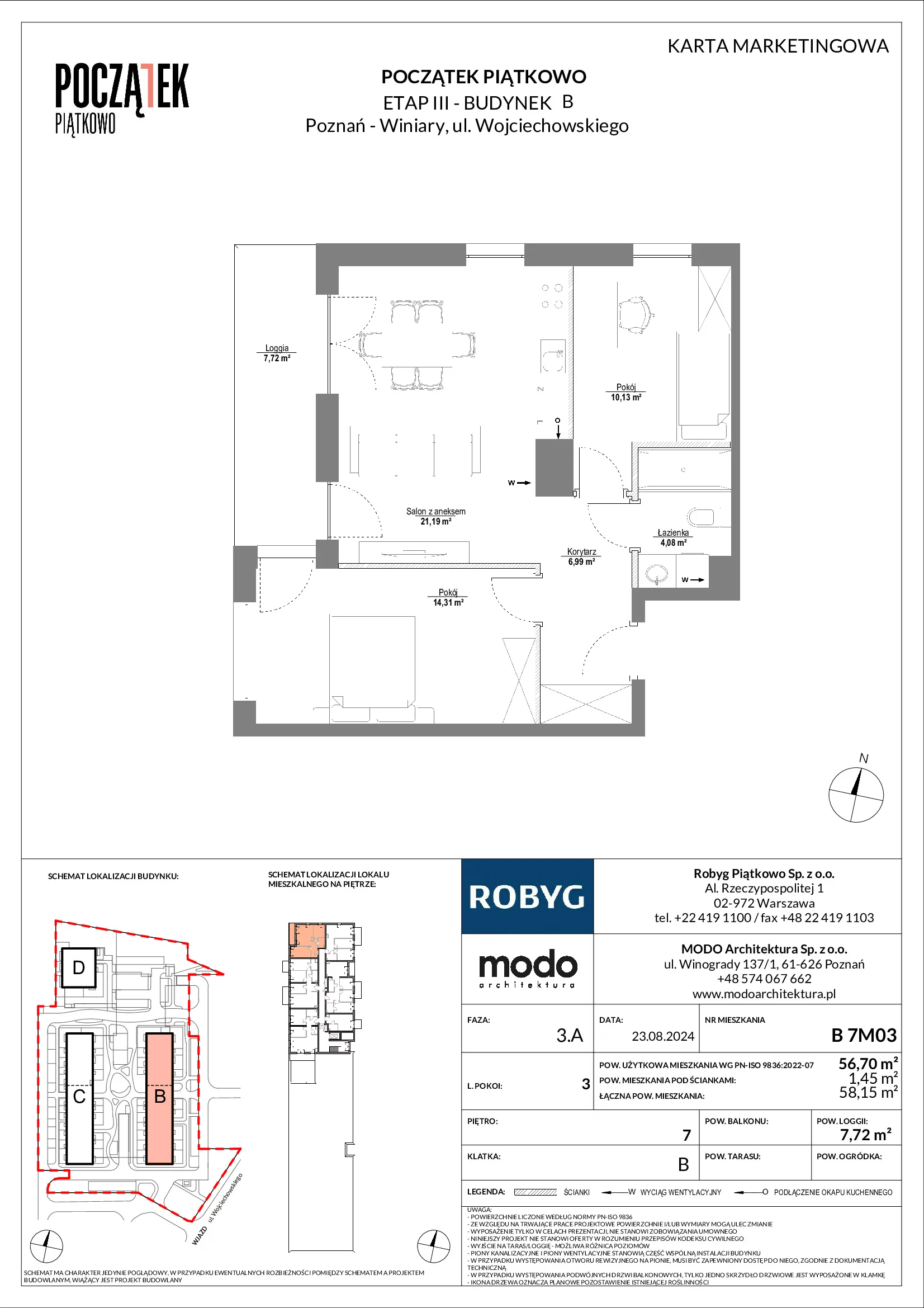 Mieszkanie 56,70 m², piętro 7, oferta nr B.7M03, Początek Piątkowo, Poznań, Piątkowo, ul. Wojciechowskiego