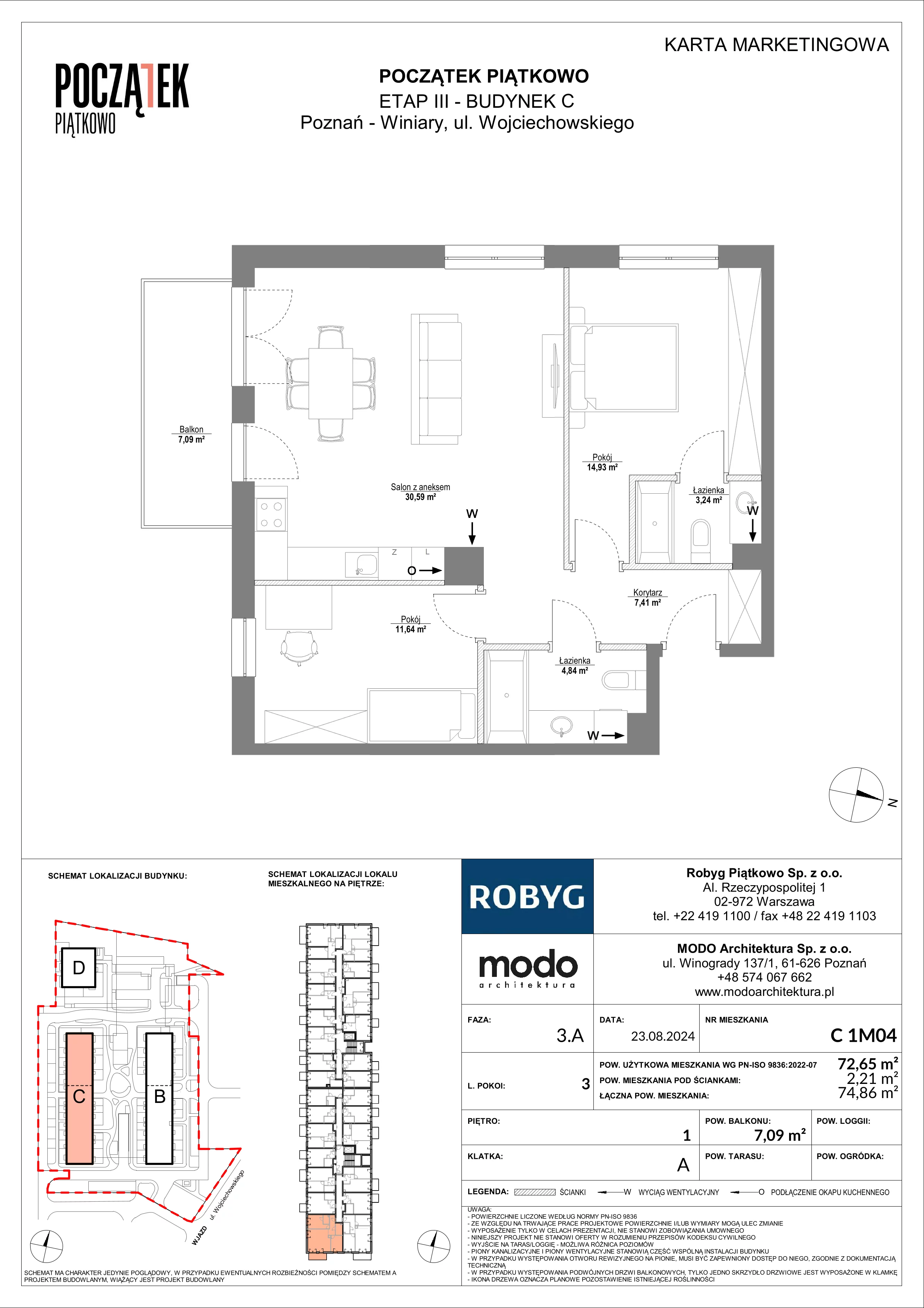 3 pokoje, mieszkanie 72,65 m², piętro 1, oferta nr C.1M04, Początek Piątkowo Budynek C, Poznań, Piątkowo, ul. Wojciechowskiego