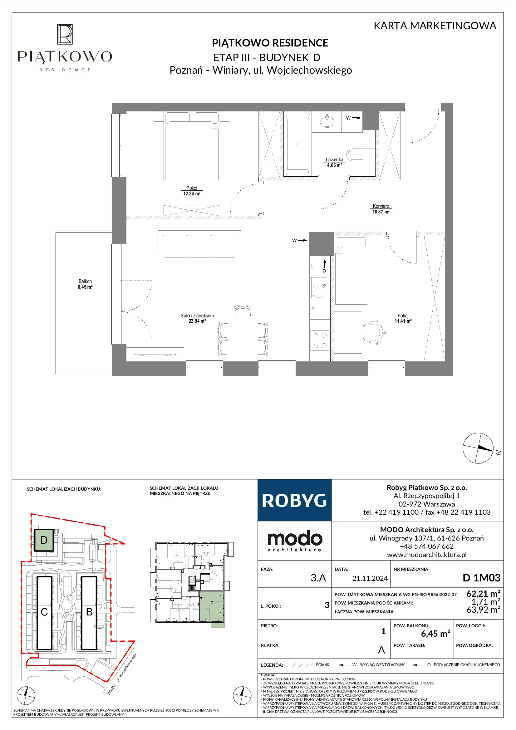 Mieszkanie 62,21 m², piętro 1, oferta nr D.1M03, Piątkowo Residence, Poznań, Piątkowo, Piątkowo, ul. Wojciechowskiego