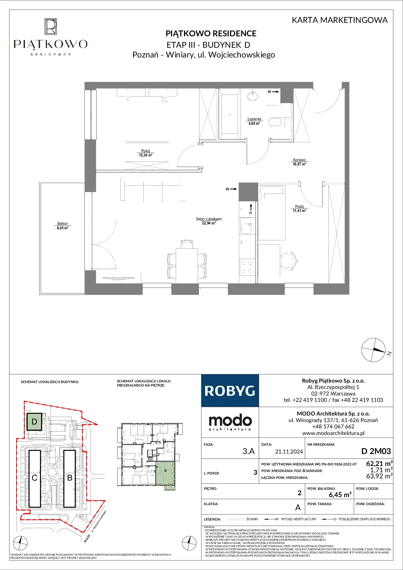 Mieszkanie 62,21 m², piętro 2, oferta nr D.2M03, Piątkowo Residence, Poznań, Piątkowo, Piątkowo, ul. Wojciechowskiego