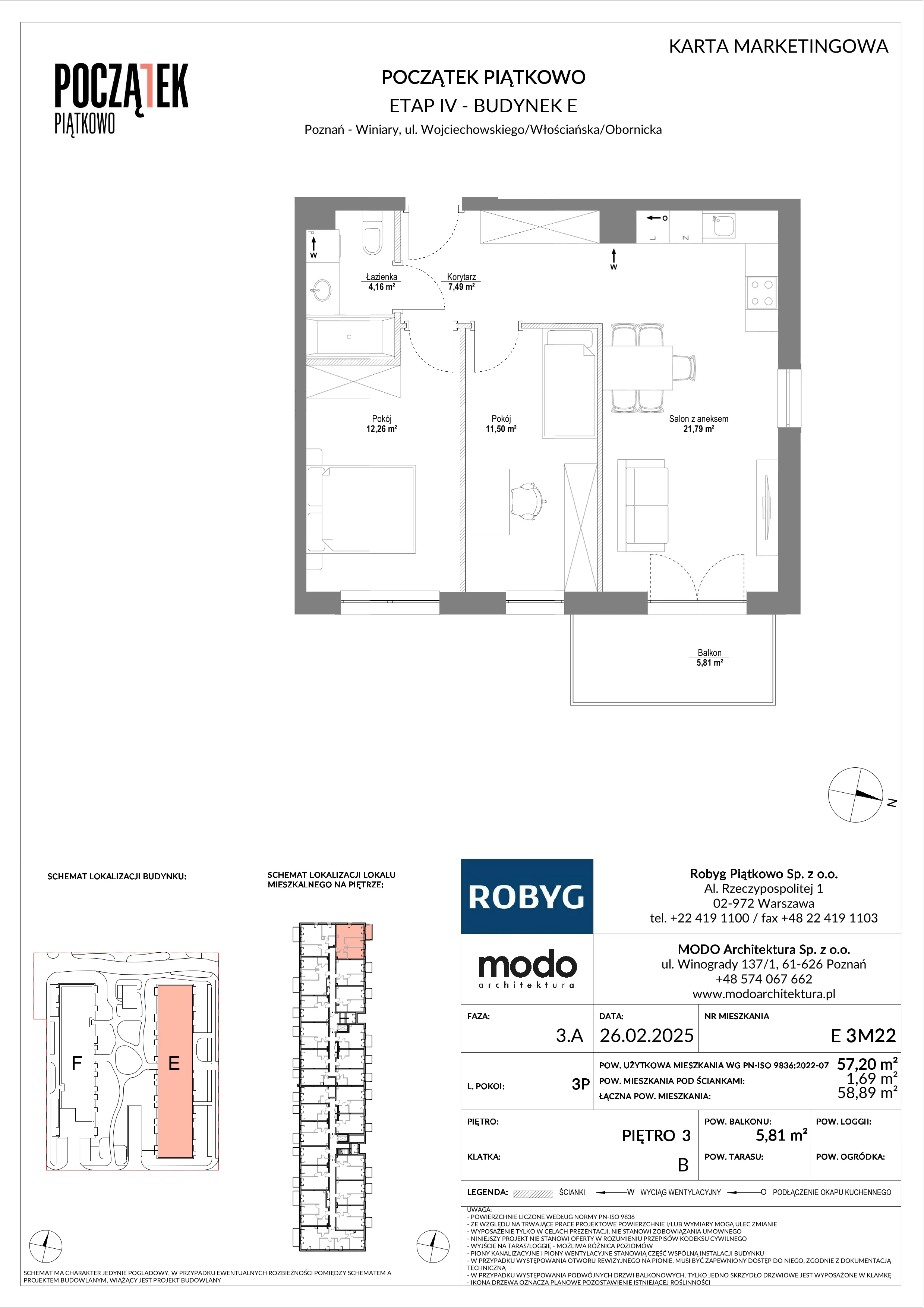 3 pokoje, mieszkanie 57,20 m², piętro 3, oferta nr E.3M22, Początek Piątkowo Budynek E, Poznań, Piątkowo, ul. Wojciechowskiego