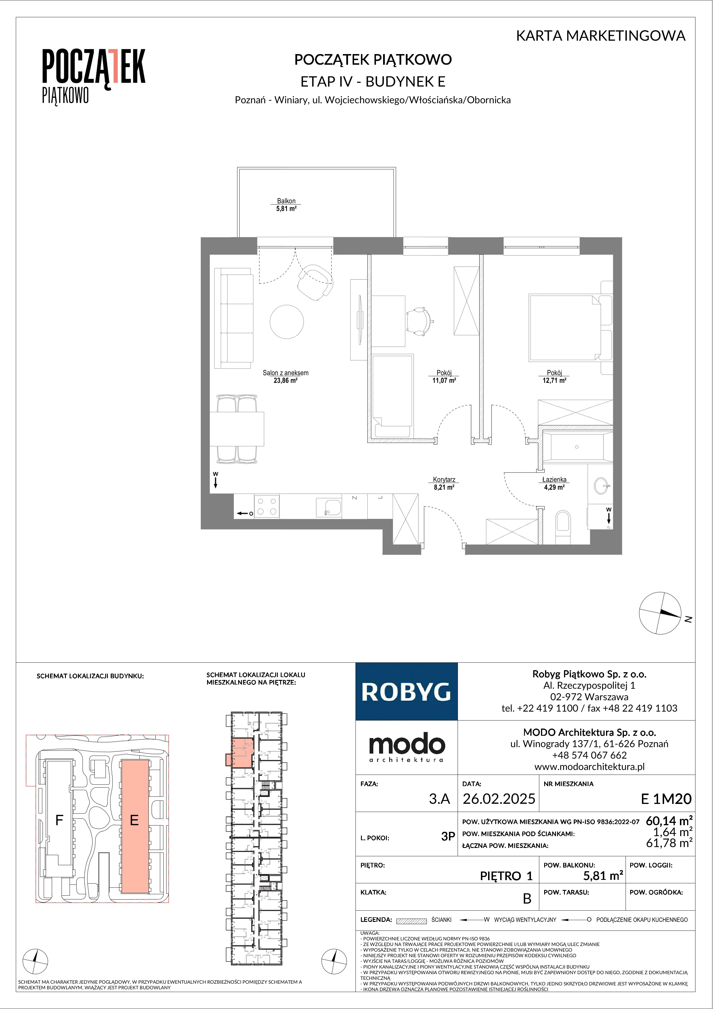 3 pokoje, mieszkanie 60,14 m², piętro 1, oferta nr E.1M20, Początek Piątkowo Budynek E, Poznań, Piątkowo, ul. Wojciechowskiego