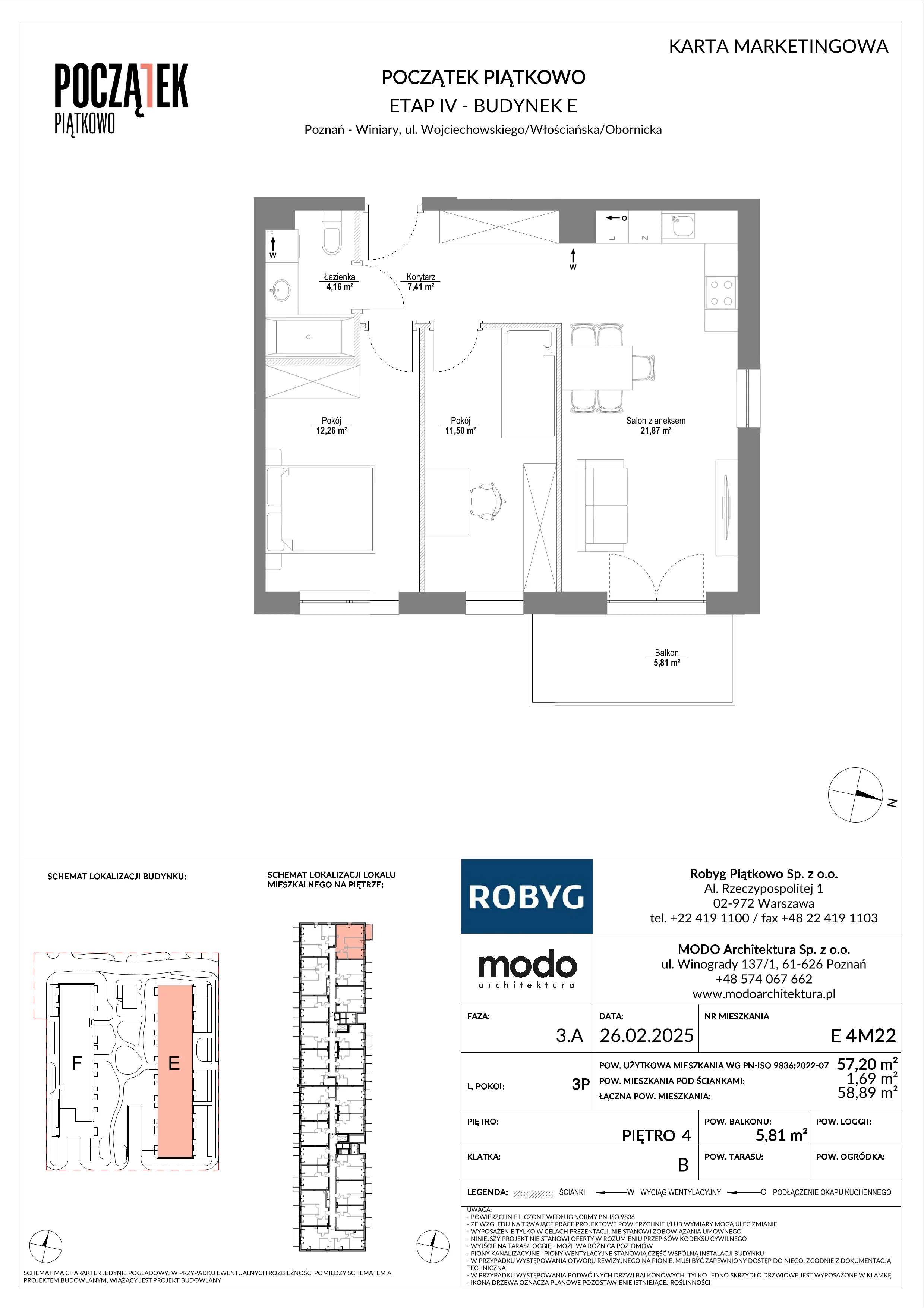 3 pokoje, mieszkanie 57,20 m², piętro 4, oferta nr E.4M22, Początek Piątkowo Budynek E, Poznań, Piątkowo, ul. Wojciechowskiego