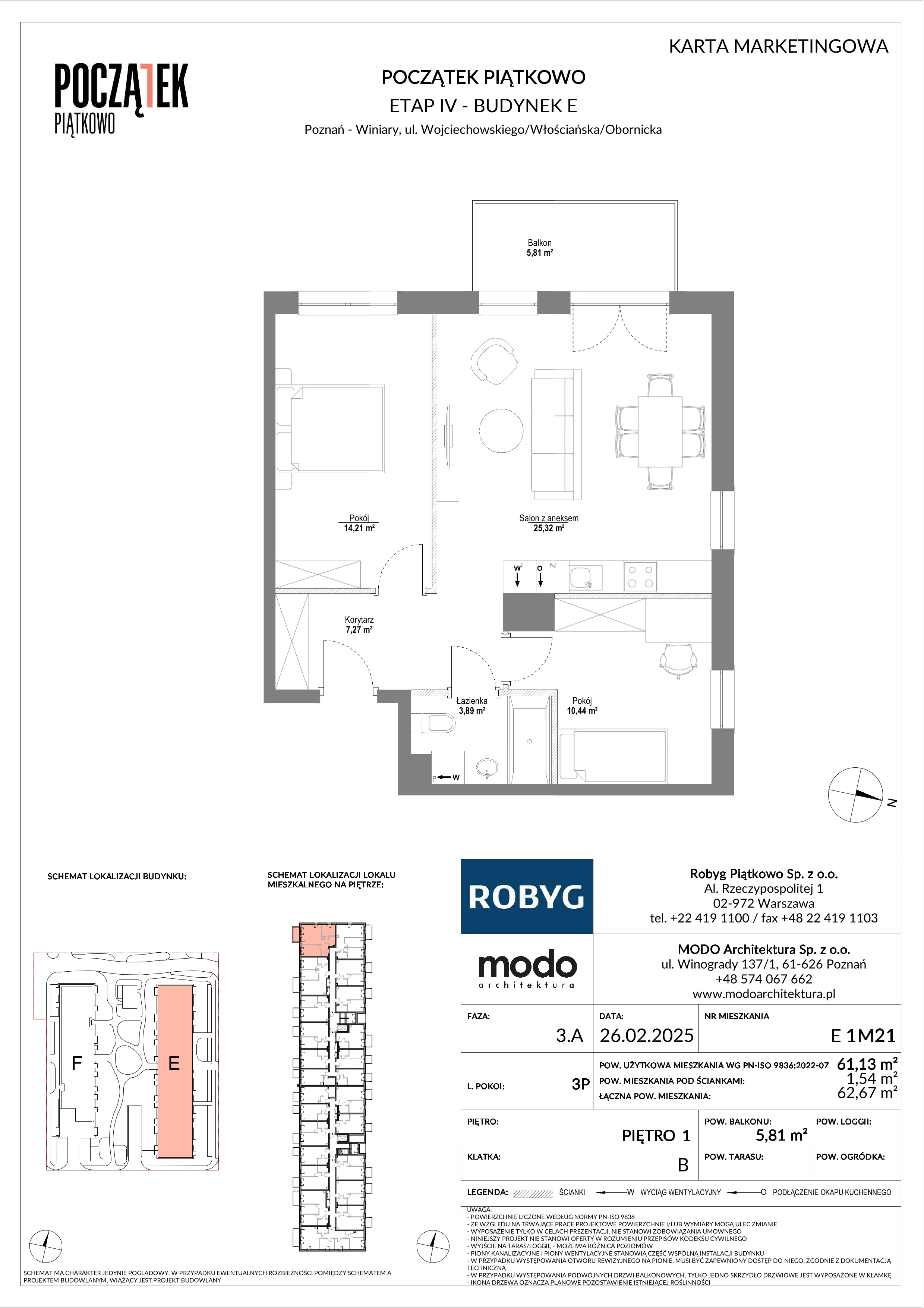3 pokoje, mieszkanie 61,13 m², piętro 1, oferta nr E.1M21, Początek Piątkowo Budynek E, Poznań, Piątkowo, ul. Wojciechowskiego