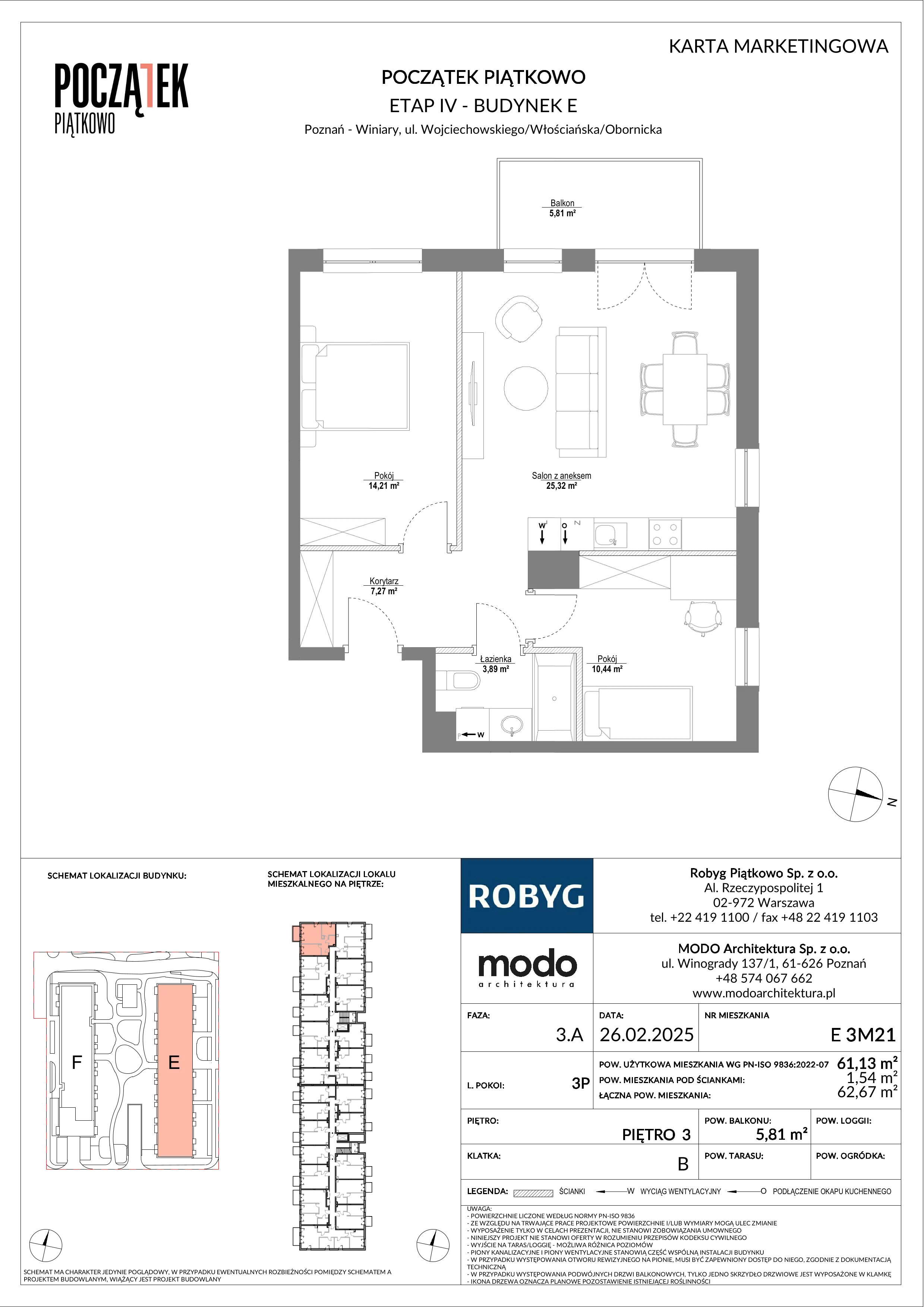 3 pokoje, mieszkanie 61,13 m², piętro 3, oferta nr E.3M21, Początek Piątkowo Budynek E, Poznań, Piątkowo, ul. Wojciechowskiego