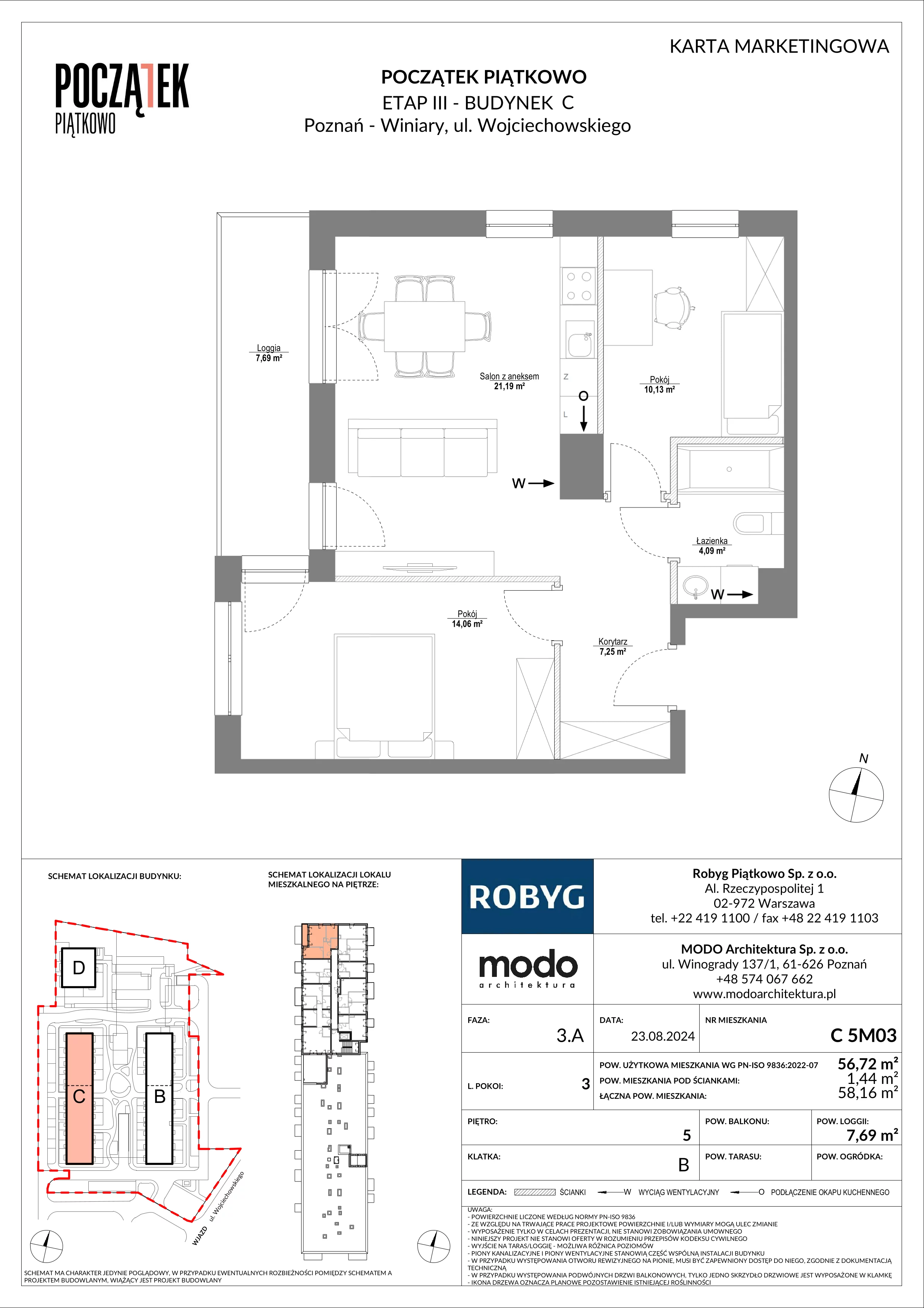 3 pokoje, mieszkanie 56,72 m², piętro 5, oferta nr C.5M03, Początek Piątkowo Budynek C, Poznań, Piątkowo, ul. Wojciechowskiego