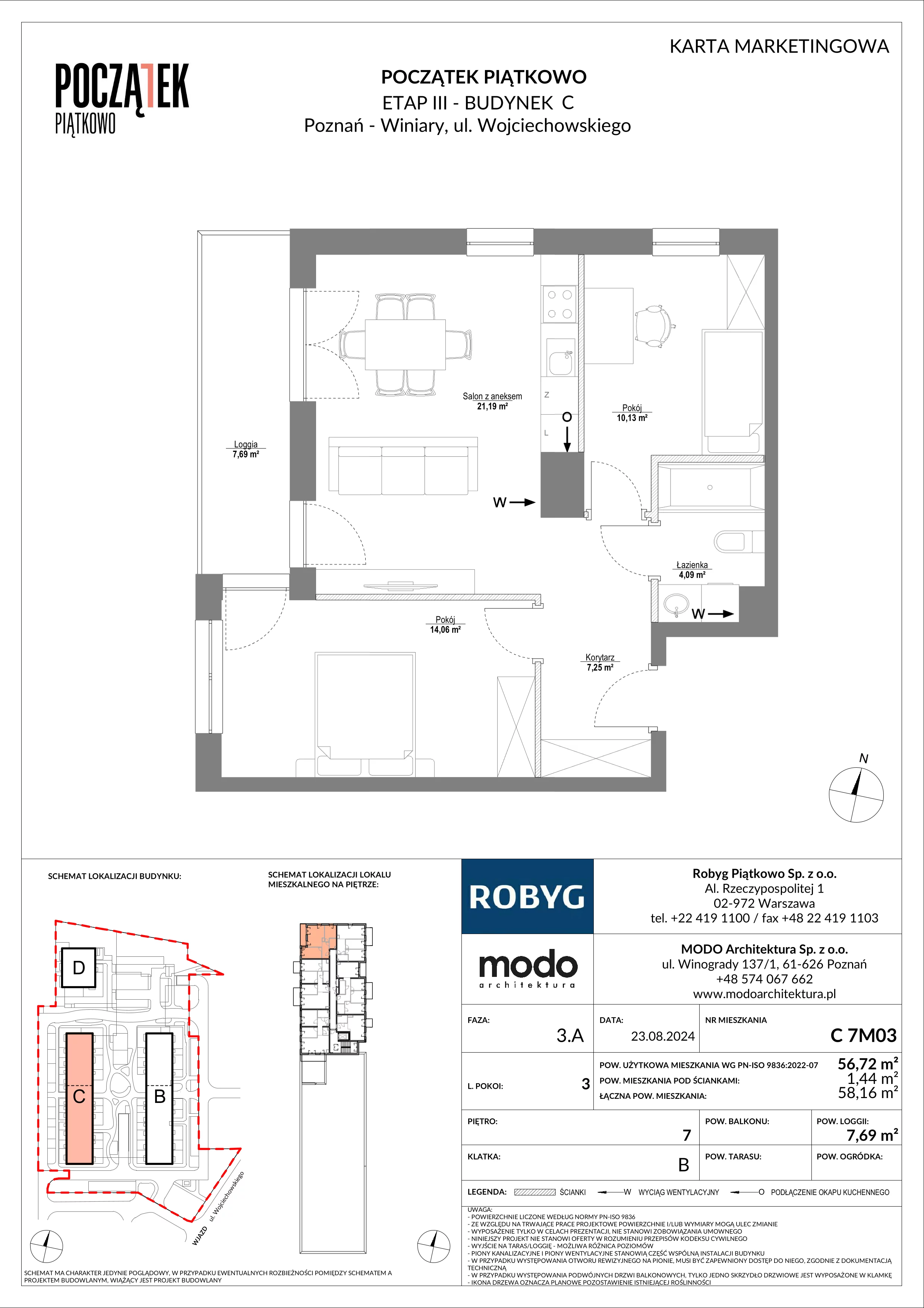 3 pokoje, mieszkanie 56,72 m², piętro 7, oferta nr C.7M03, Początek Piątkowo Budynek C, Poznań, Piątkowo, ul. Wojciechowskiego