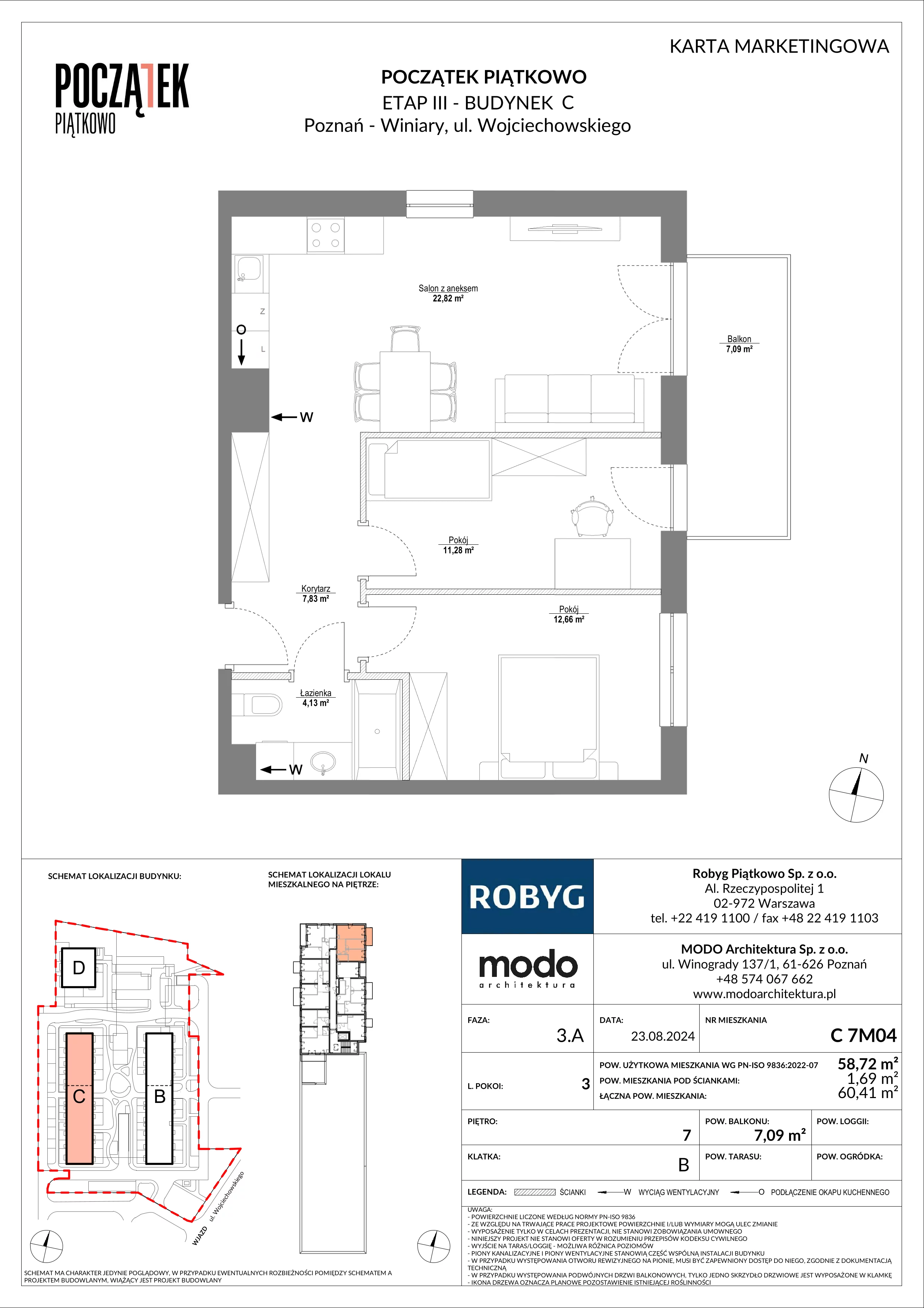 3 pokoje, mieszkanie 58,72 m², piętro 7, oferta nr C.7M04, Początek Piątkowo Budynek C, Poznań, Piątkowo, ul. Wojciechowskiego