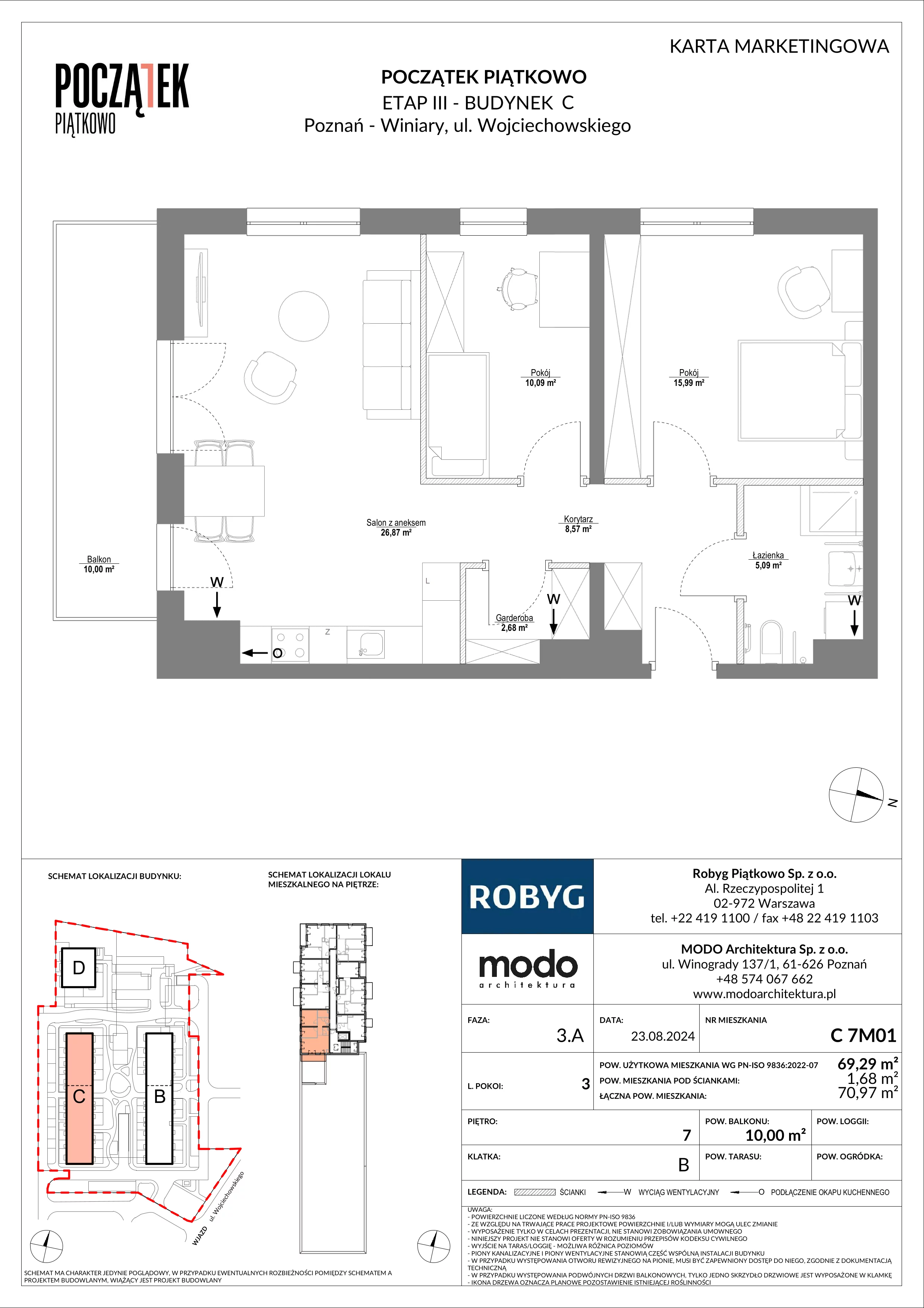 3 pokoje, mieszkanie 69,29 m², piętro 7, oferta nr C.7M01, Początek Piątkowo Budynek C, Poznań, Piątkowo, ul. Wojciechowskiego