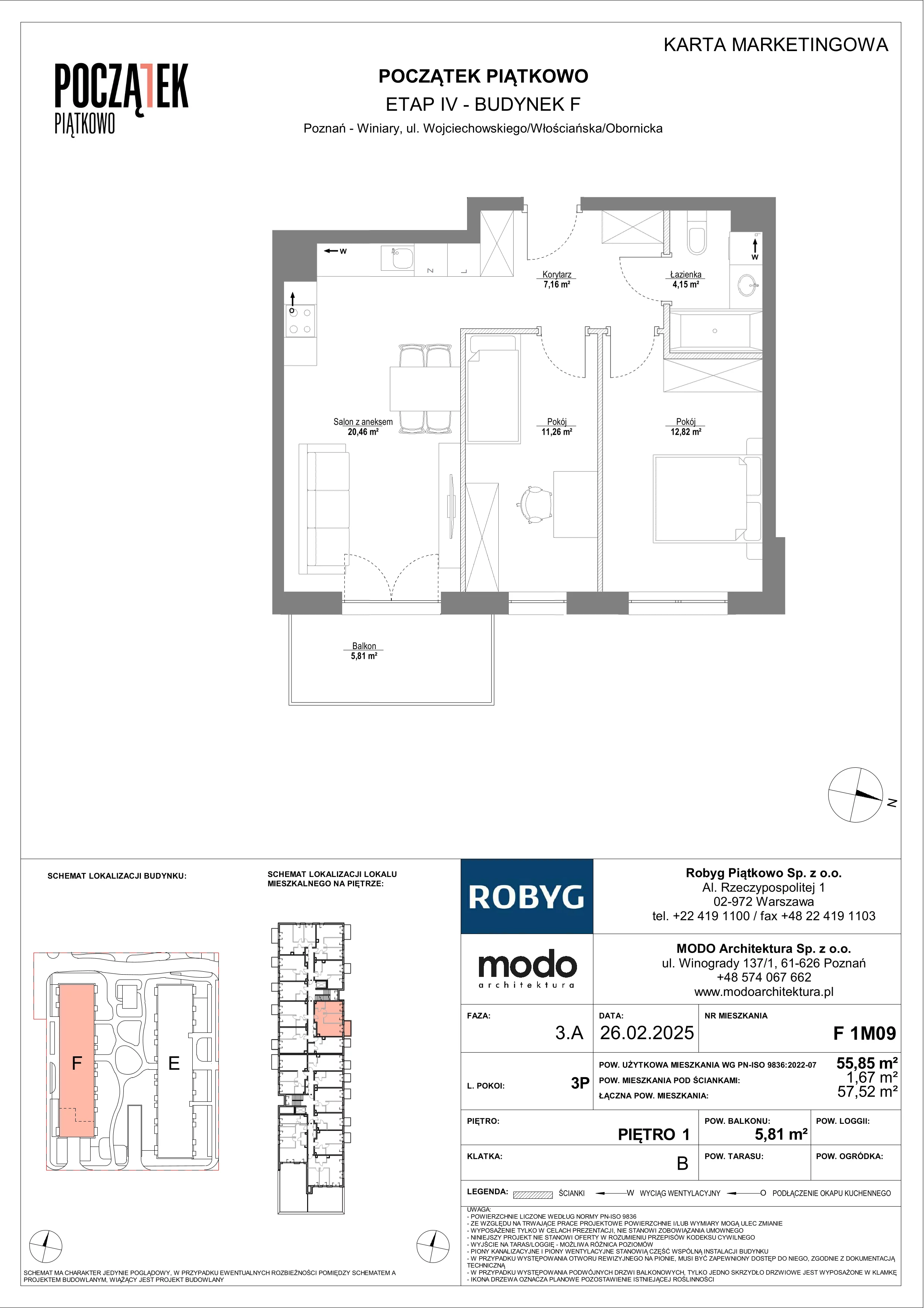 3 pokoje, mieszkanie 55,85 m², piętro 1, oferta nr F.1M09, Początek Piątkowo Budynek F, Poznań, Piątkowo, ul. Wojciechowskiego