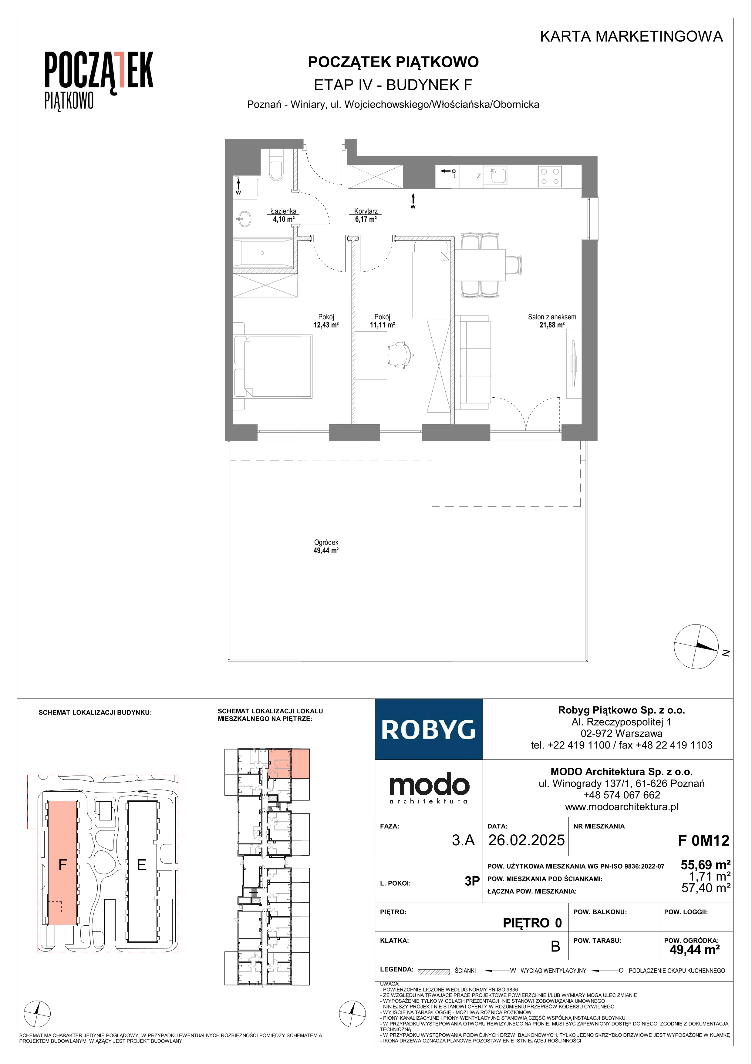 3 pokoje, mieszkanie 55,69 m², parter, oferta nr F.0M12, Początek Piątkowo Budynek F, Poznań, Piątkowo, ul. Wojciechowskiego