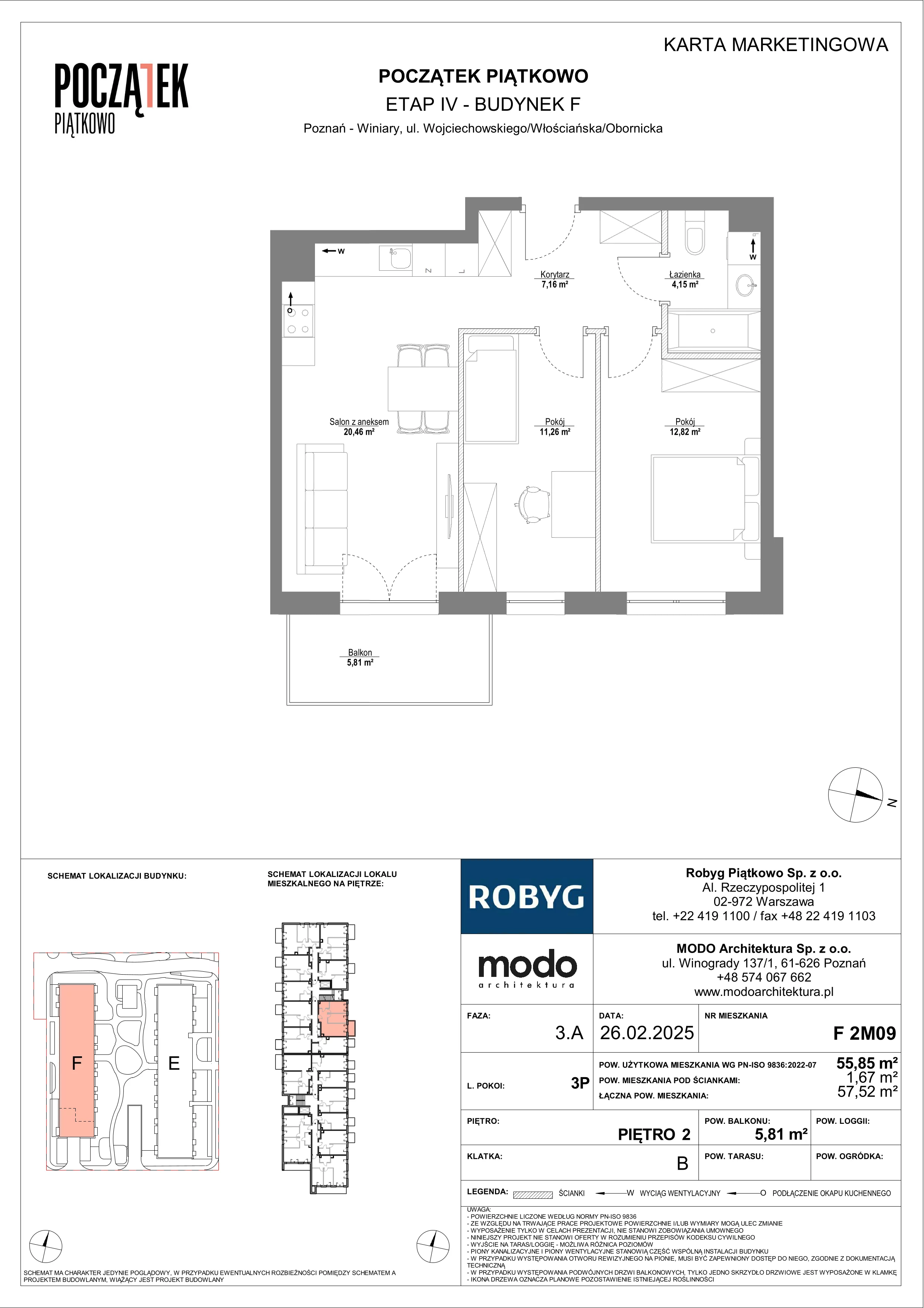 3 pokoje, mieszkanie 55,85 m², piętro 2, oferta nr F.2M09, Początek Piątkowo Budynek F, Poznań, Piątkowo, ul. Wojciechowskiego
