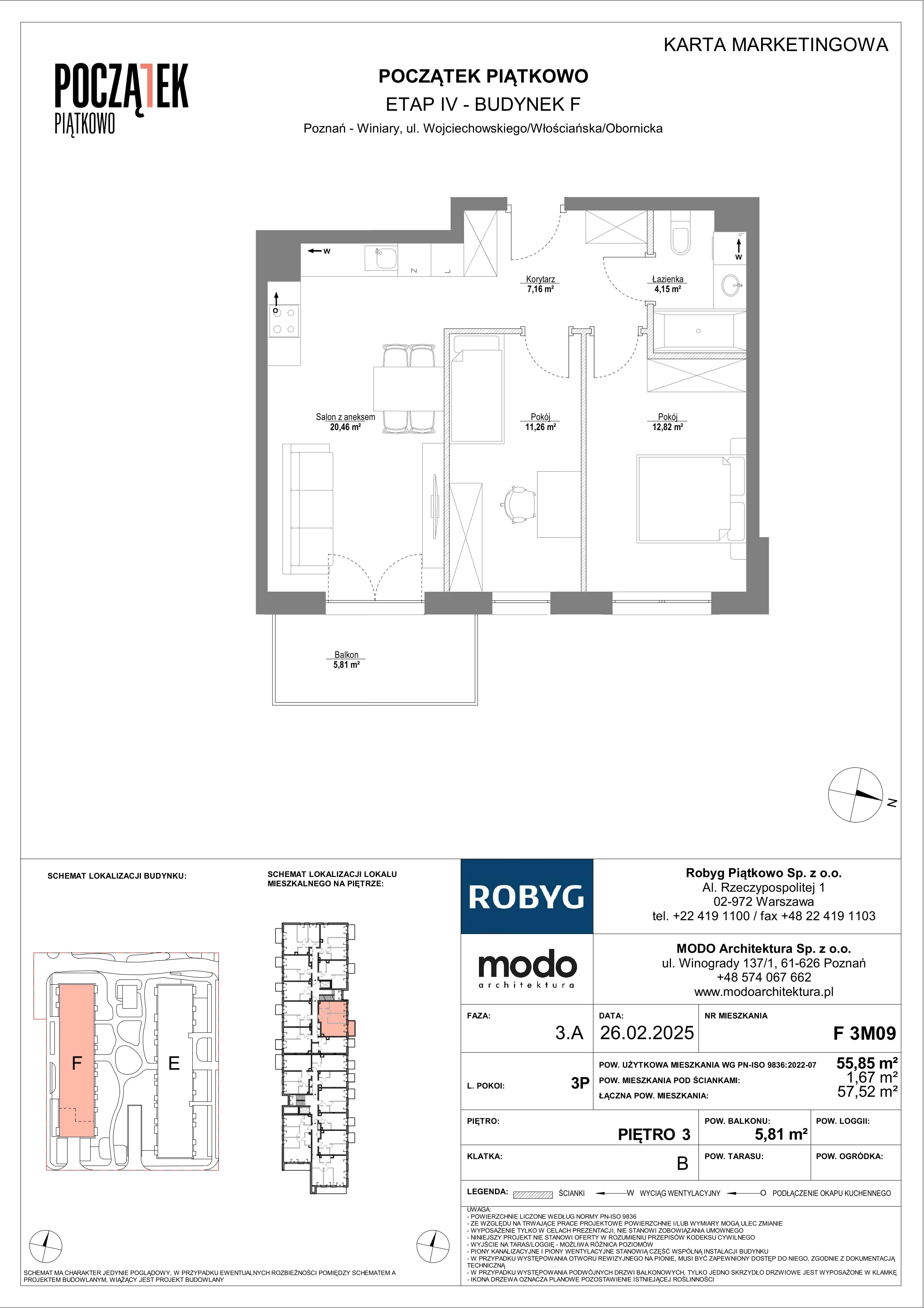 3 pokoje, mieszkanie 55,85 m², piętro 3, oferta nr F.3M09, Początek Piątkowo Budynek F, Poznań, Piątkowo, ul. Wojciechowskiego