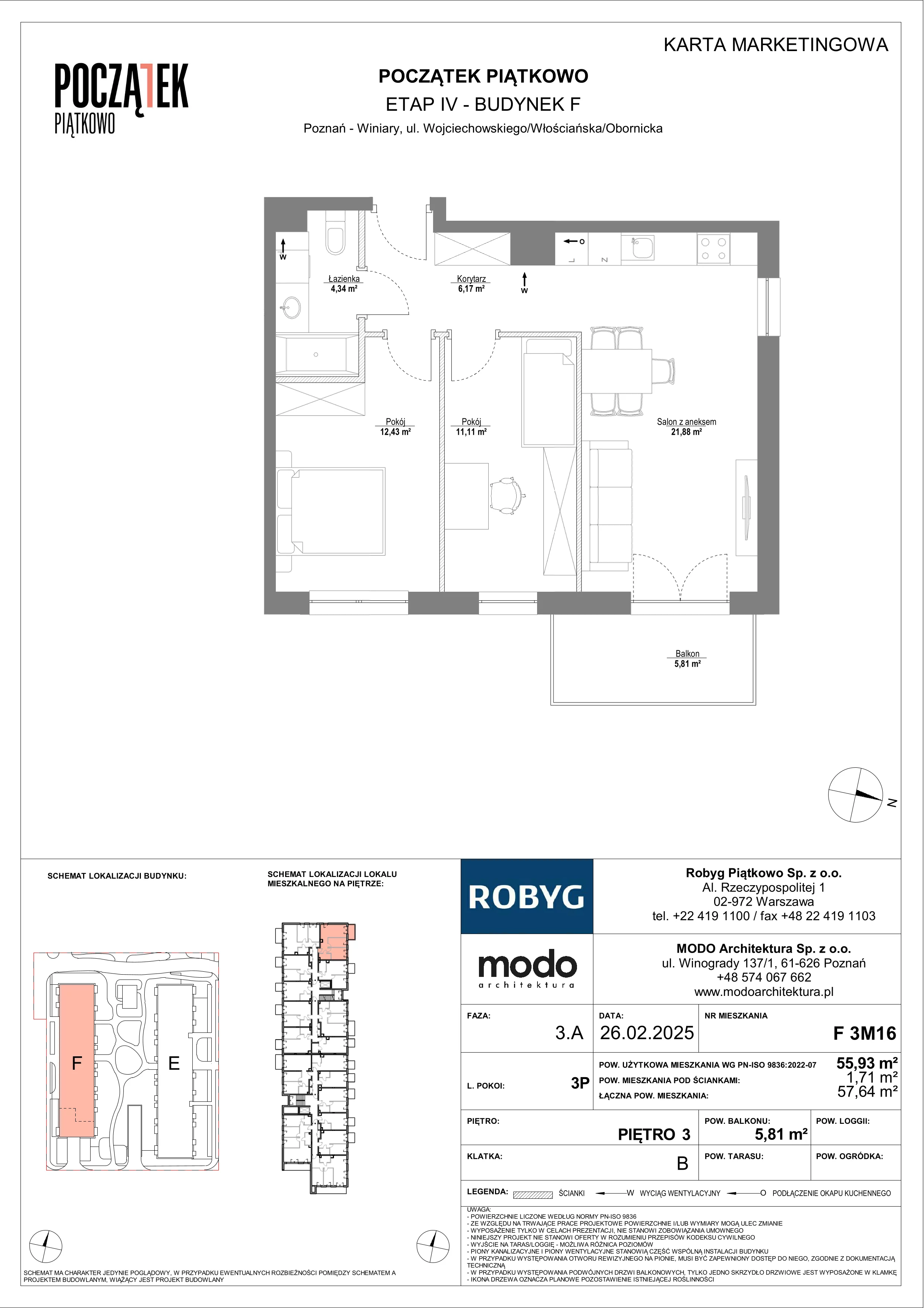 3 pokoje, mieszkanie 55,93 m², piętro 3, oferta nr F.3M16, Początek Piątkowo Budynek F, Poznań, Piątkowo, ul. Wojciechowskiego