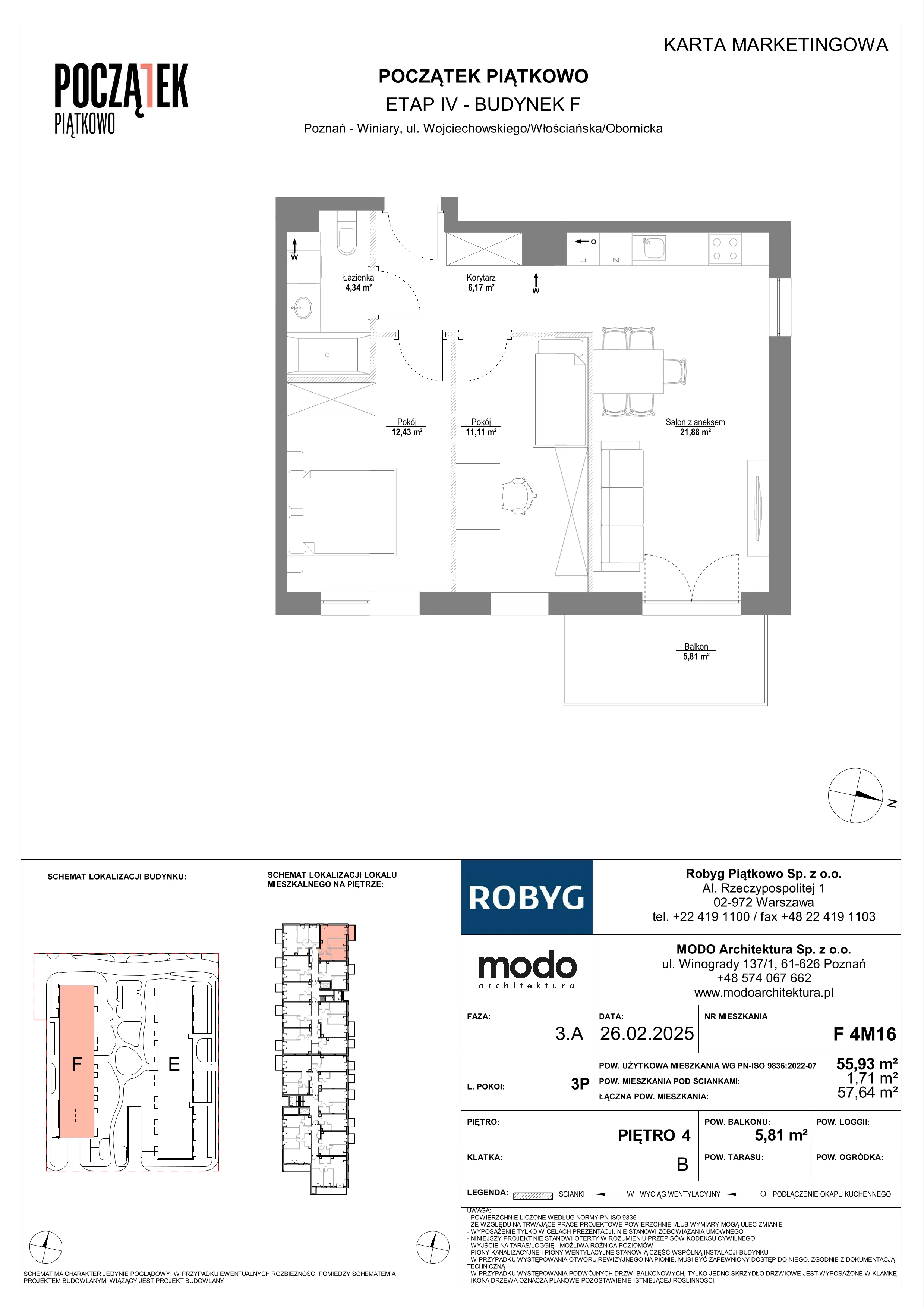 3 pokoje, mieszkanie 55,93 m², piętro 4, oferta nr F.4M16, Początek Piątkowo Budynek F, Poznań, Piątkowo, ul. Wojciechowskiego