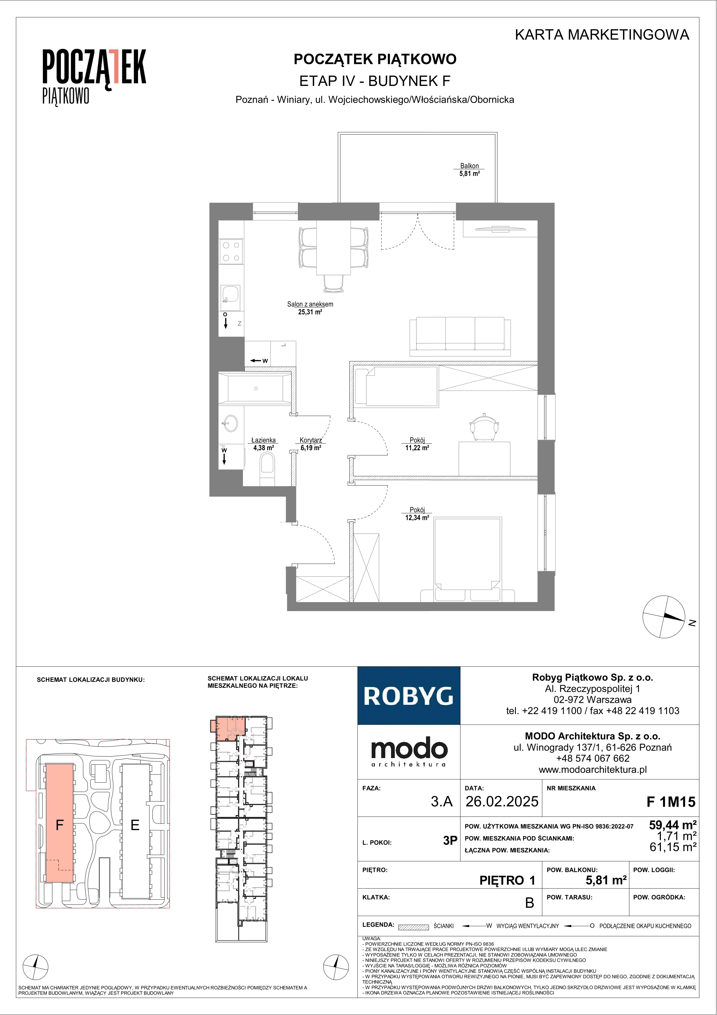 3 pokoje, mieszkanie 59,44 m², piętro 1, oferta nr F.1M15, Początek Piątkowo Budynek F, Poznań, Piątkowo, ul. Wojciechowskiego