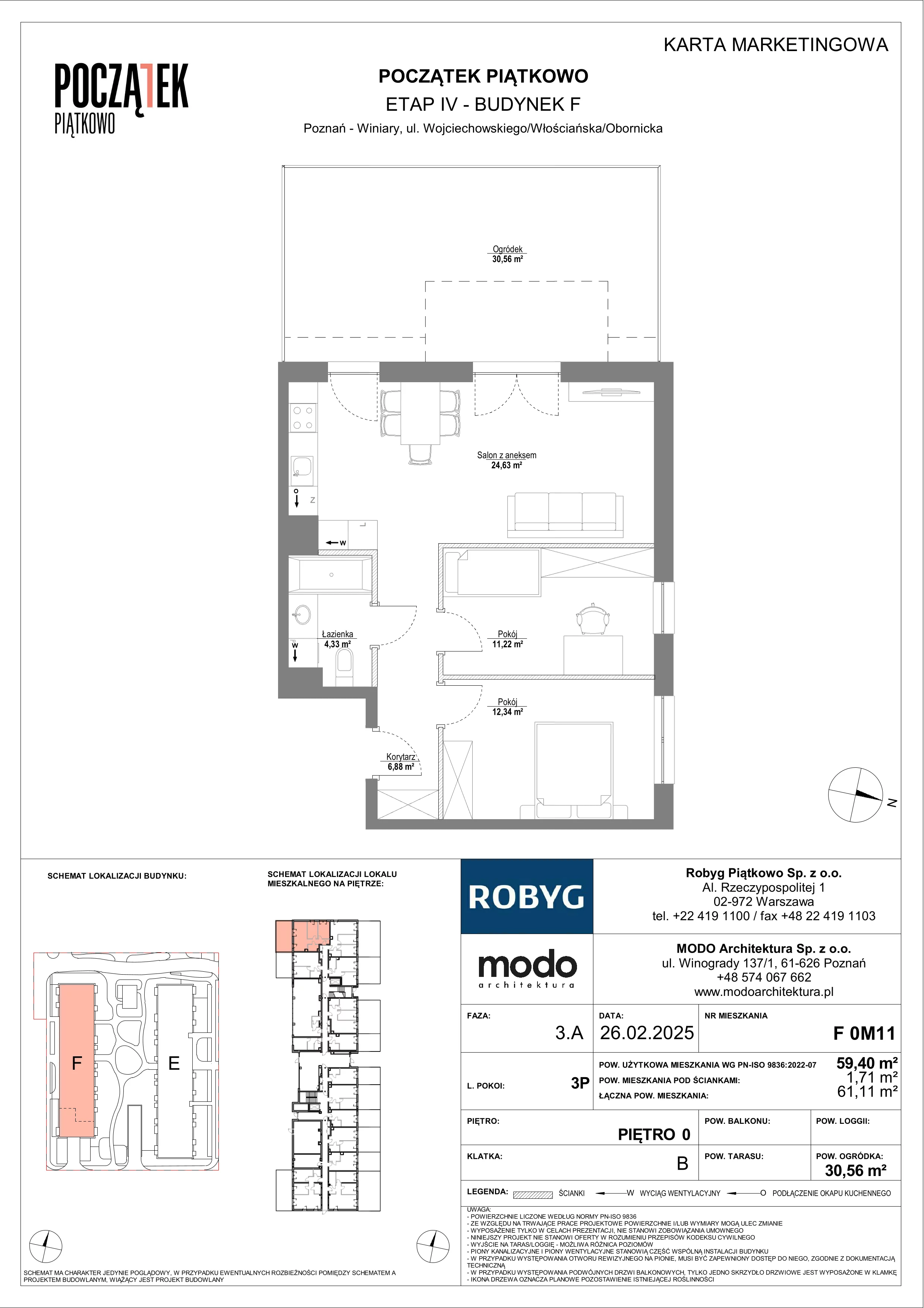 3 pokoje, mieszkanie 59,40 m², parter, oferta nr F.0M11, Początek Piątkowo Budynek F, Poznań, Piątkowo, ul. Wojciechowskiego