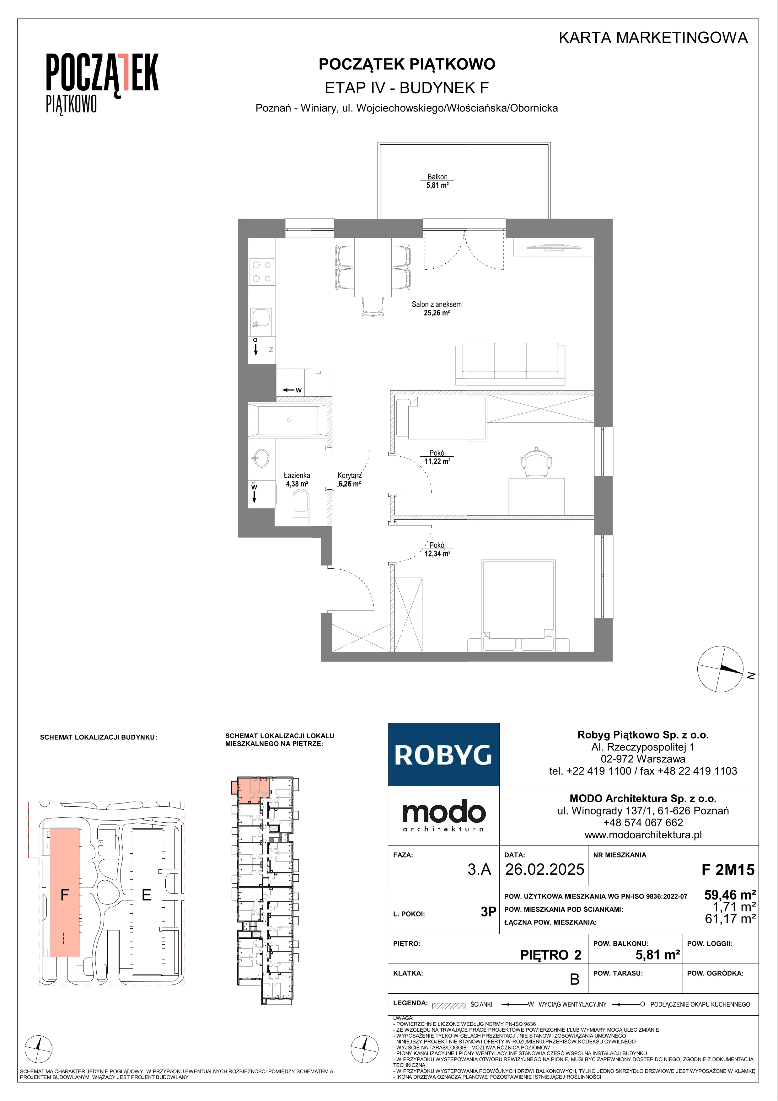 3 pokoje, mieszkanie 59,46 m², piętro 2, oferta nr F.2M15, Początek Piątkowo Budynek F, Poznań, Piątkowo, ul. Wojciechowskiego