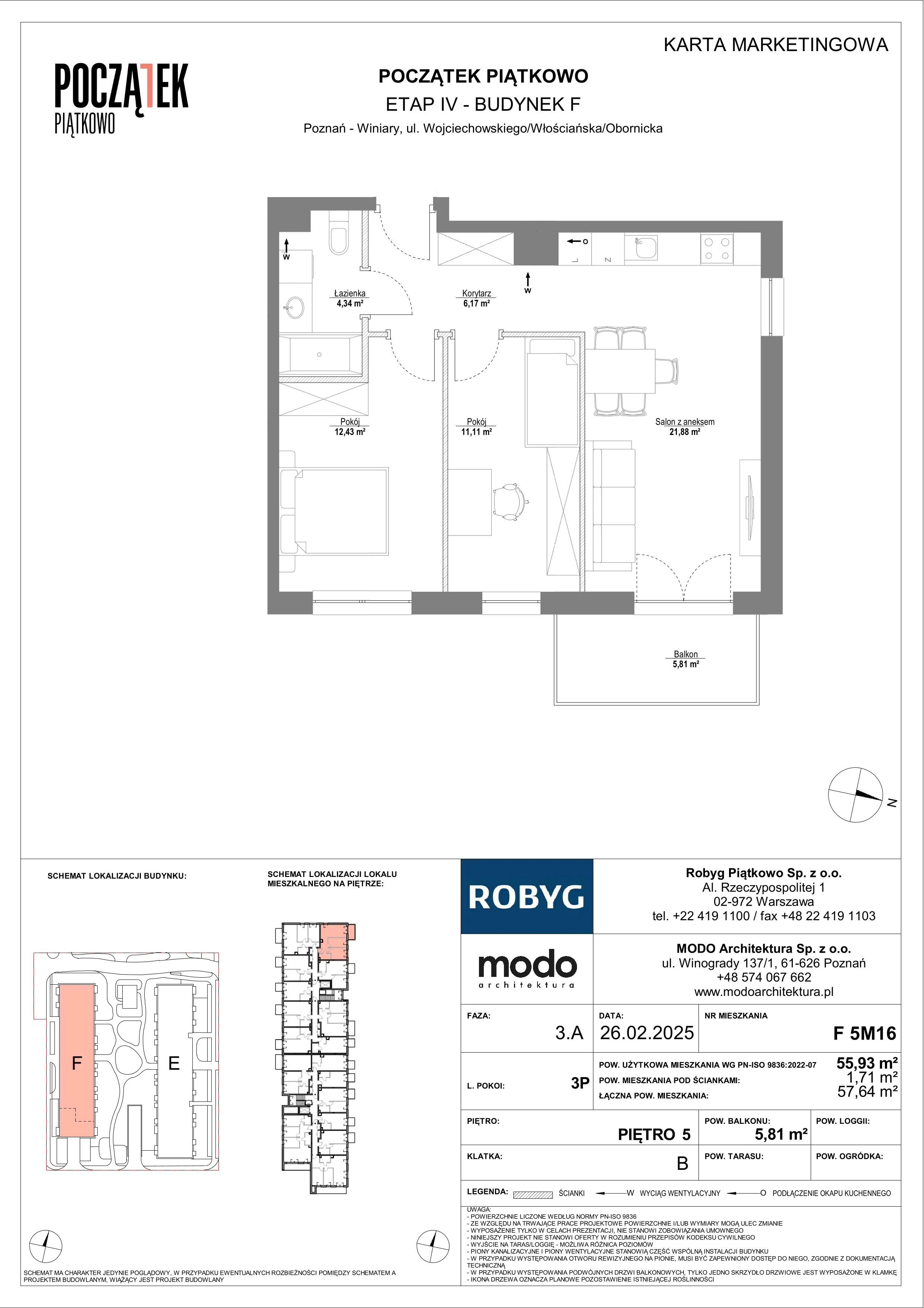 3 pokoje, mieszkanie 55,93 m², piętro 5, oferta nr F.5M16, Początek Piątkowo Budynek F, Poznań, Piątkowo, ul. Wojciechowskiego