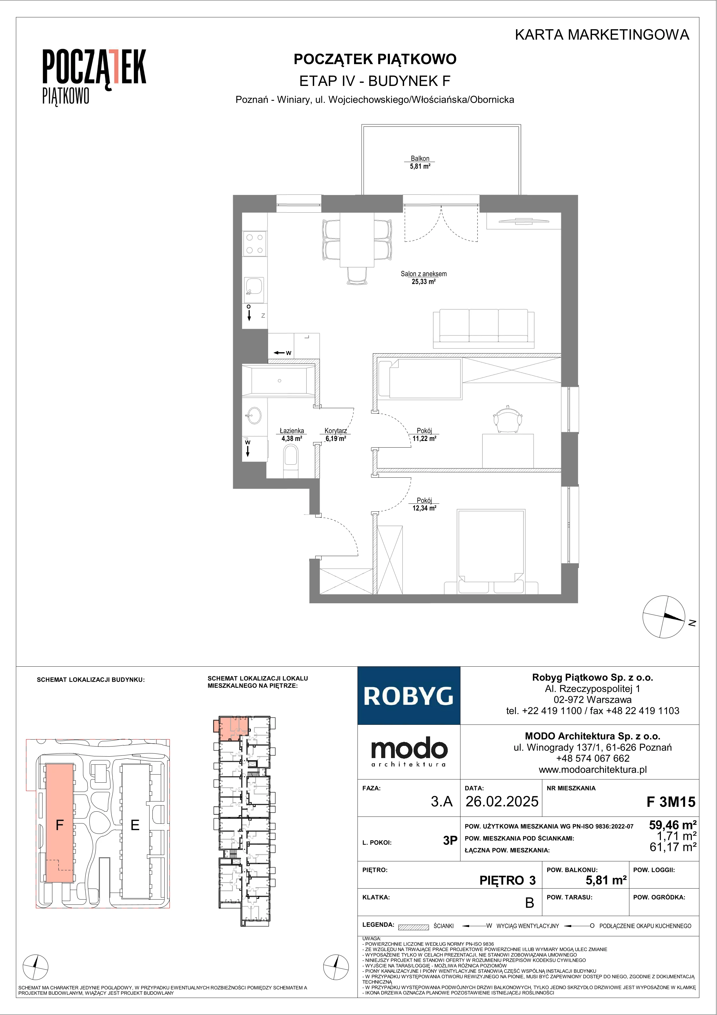 3 pokoje, mieszkanie 59,46 m², piętro 3, oferta nr F.3M15, Początek Piątkowo Budynek F, Poznań, Piątkowo, ul. Wojciechowskiego