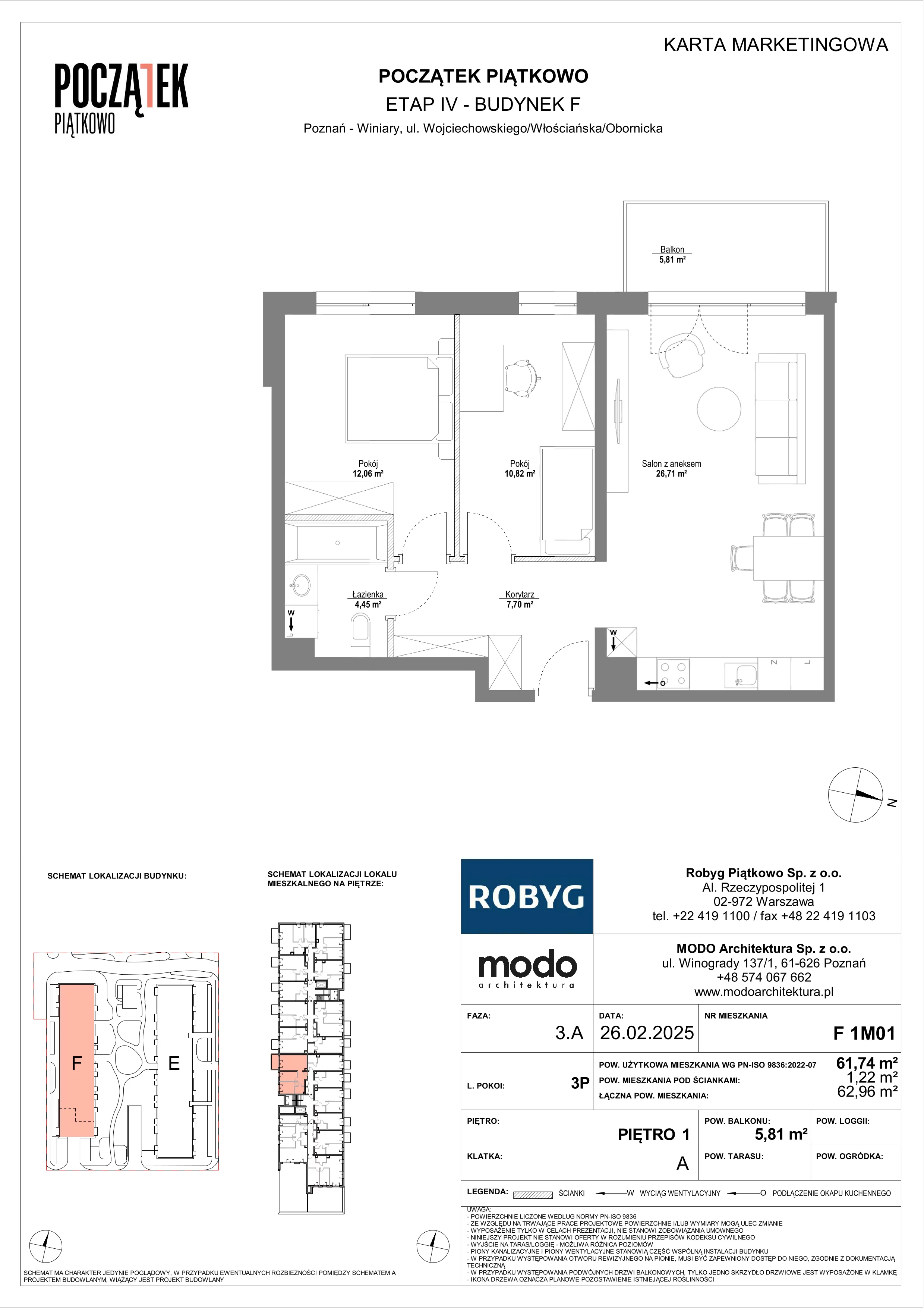 3 pokoje, mieszkanie 61,74 m², piętro 1, oferta nr F.1M01, Początek Piątkowo Budynek F, Poznań, Piątkowo, ul. Wojciechowskiego