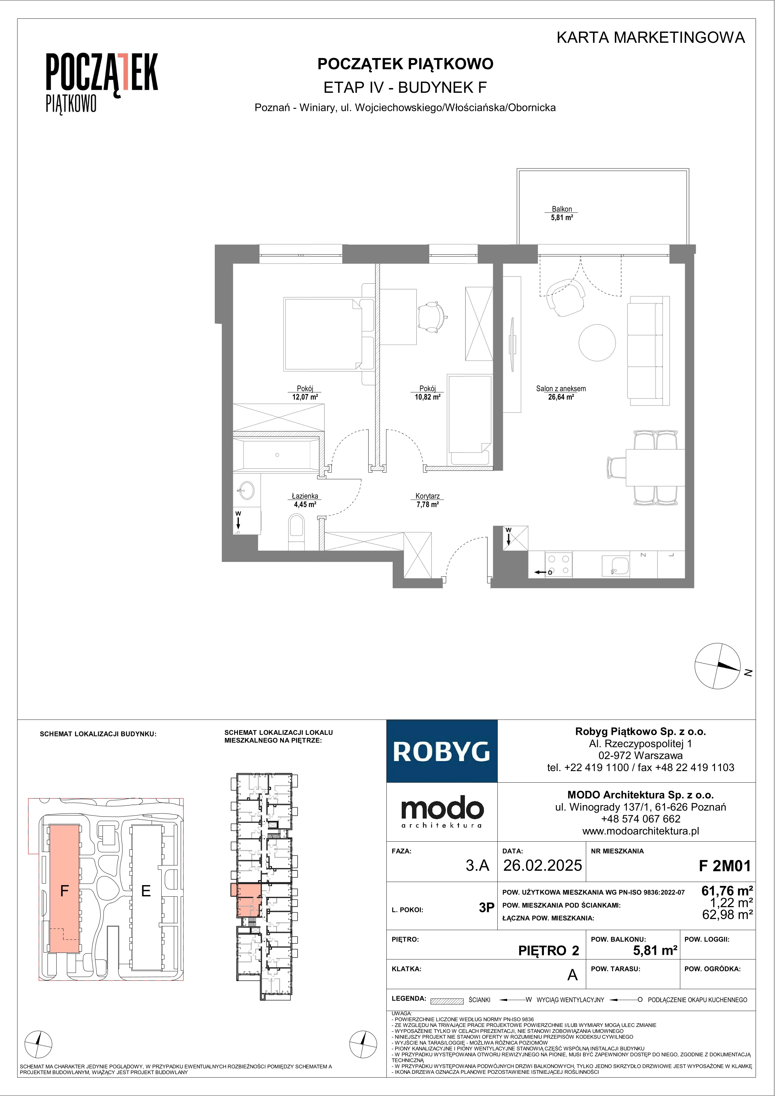 3 pokoje, mieszkanie 61,76 m², piętro 2, oferta nr F.2M01, Początek Piątkowo Budynek F, Poznań, Piątkowo, ul. Wojciechowskiego