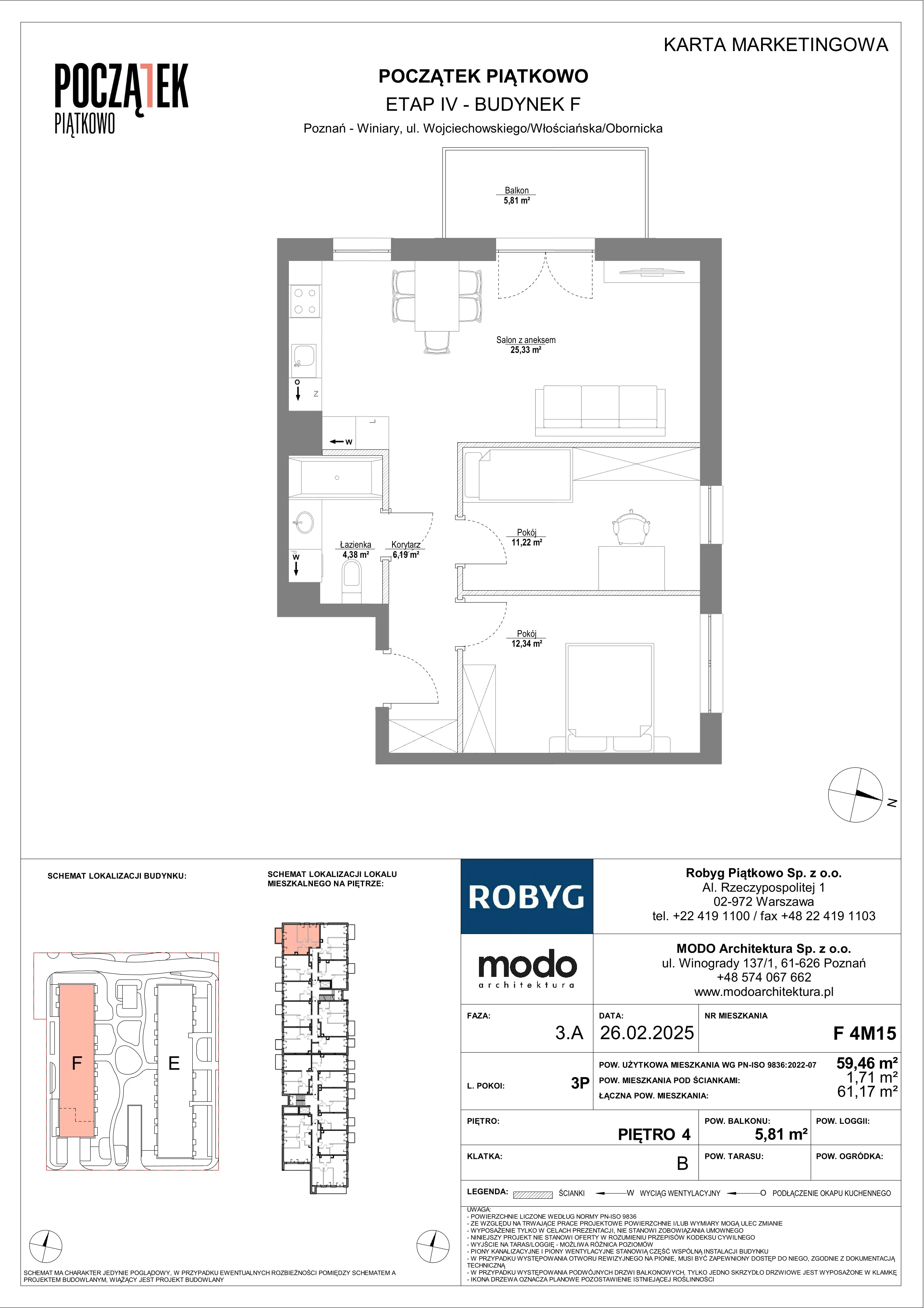 3 pokoje, mieszkanie 59,46 m², piętro 4, oferta nr F.4M15, Początek Piątkowo Budynek F, Poznań, Piątkowo, ul. Wojciechowskiego