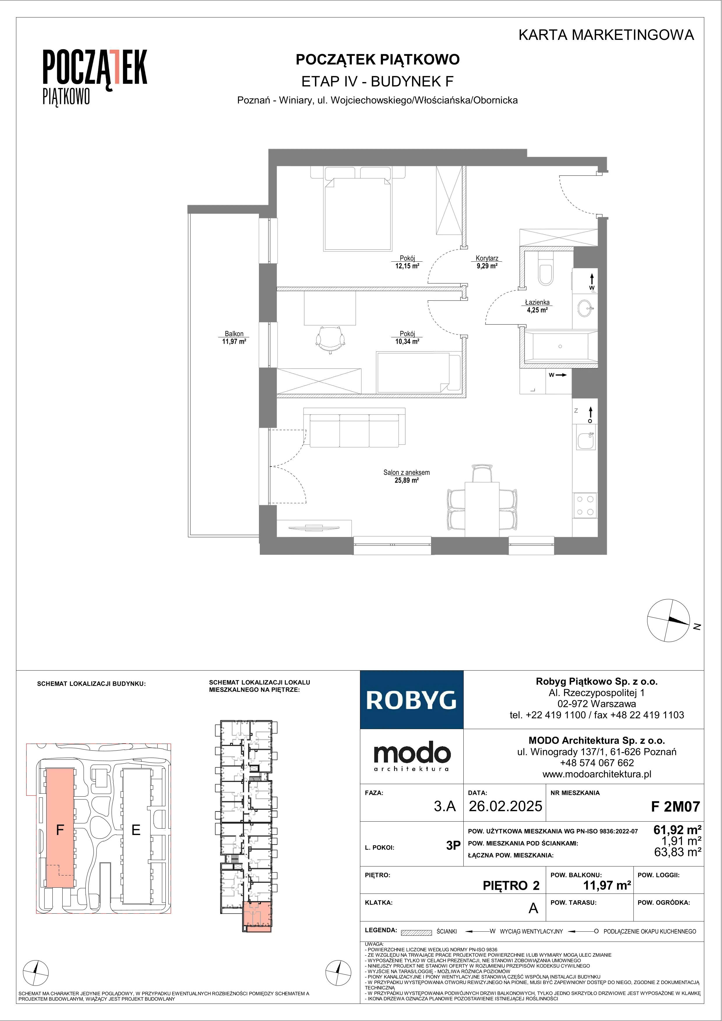 3 pokoje, mieszkanie 61,92 m², piętro 2, oferta nr F.2M07, Początek Piątkowo Budynek F, Poznań, Piątkowo, ul. Wojciechowskiego