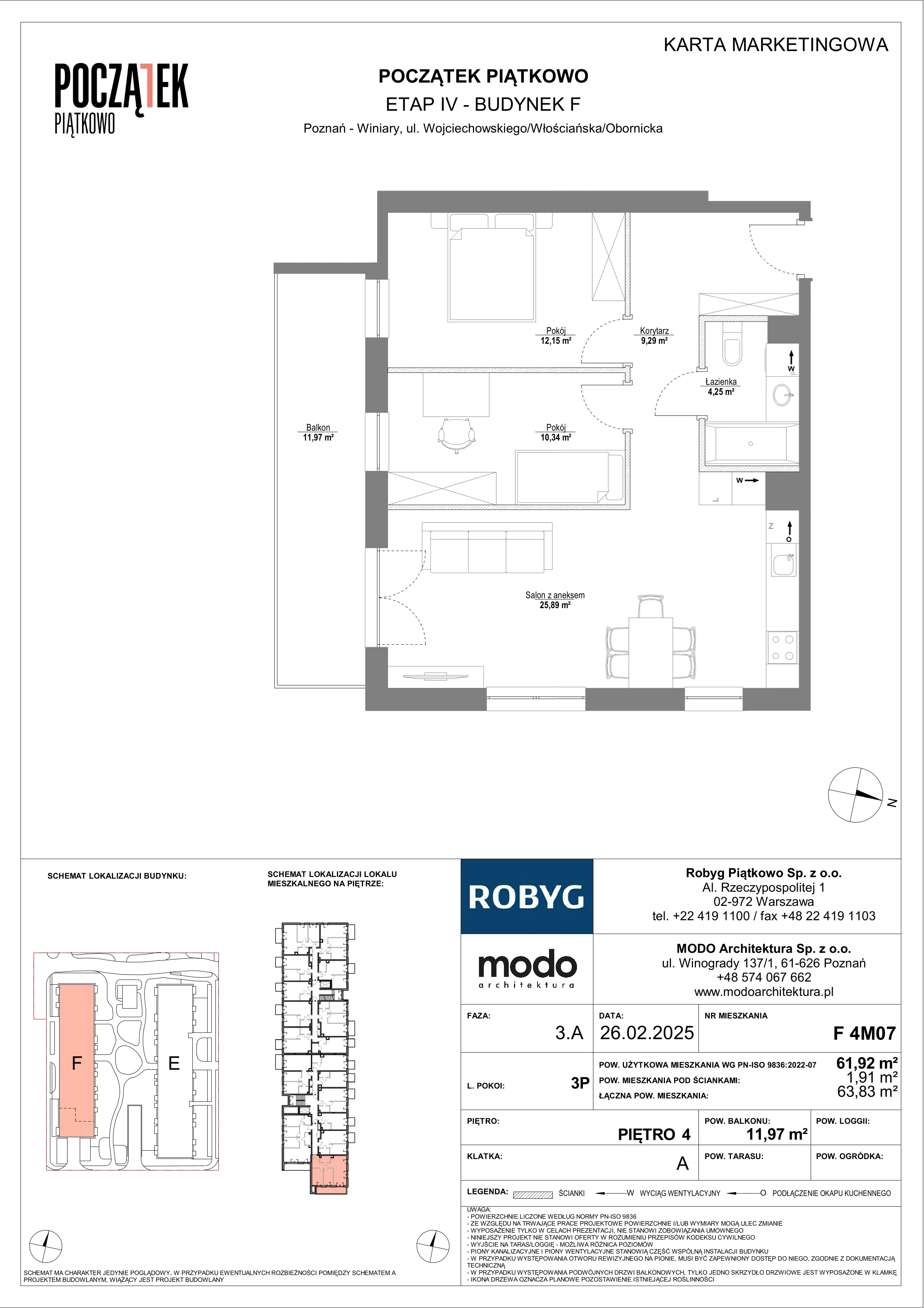 3 pokoje, mieszkanie 61,92 m², piętro 4, oferta nr F.4M07, Początek Piątkowo Budynek F, Poznań, Piątkowo, ul. Wojciechowskiego