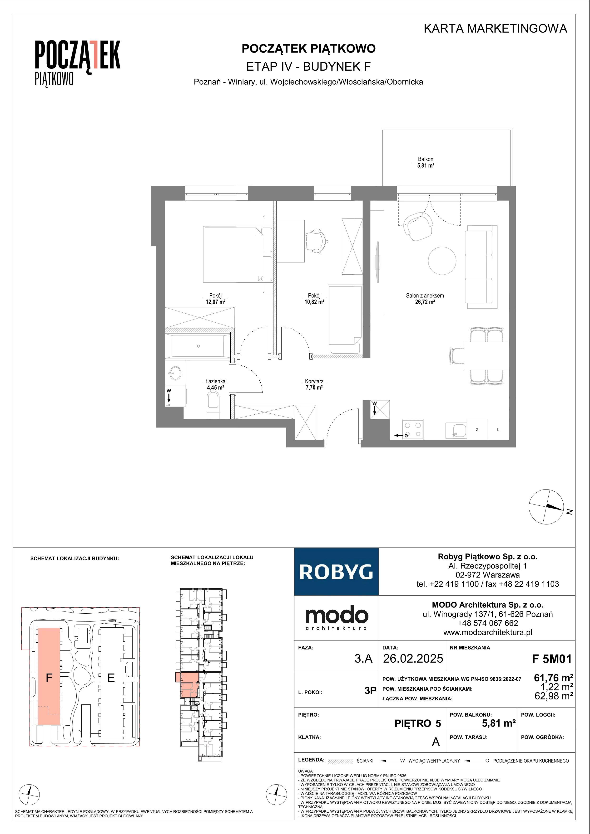 3 pokoje, mieszkanie 61,76 m², piętro 5, oferta nr F.5M01, Początek Piątkowo Budynek F, Poznań, Piątkowo, ul. Wojciechowskiego