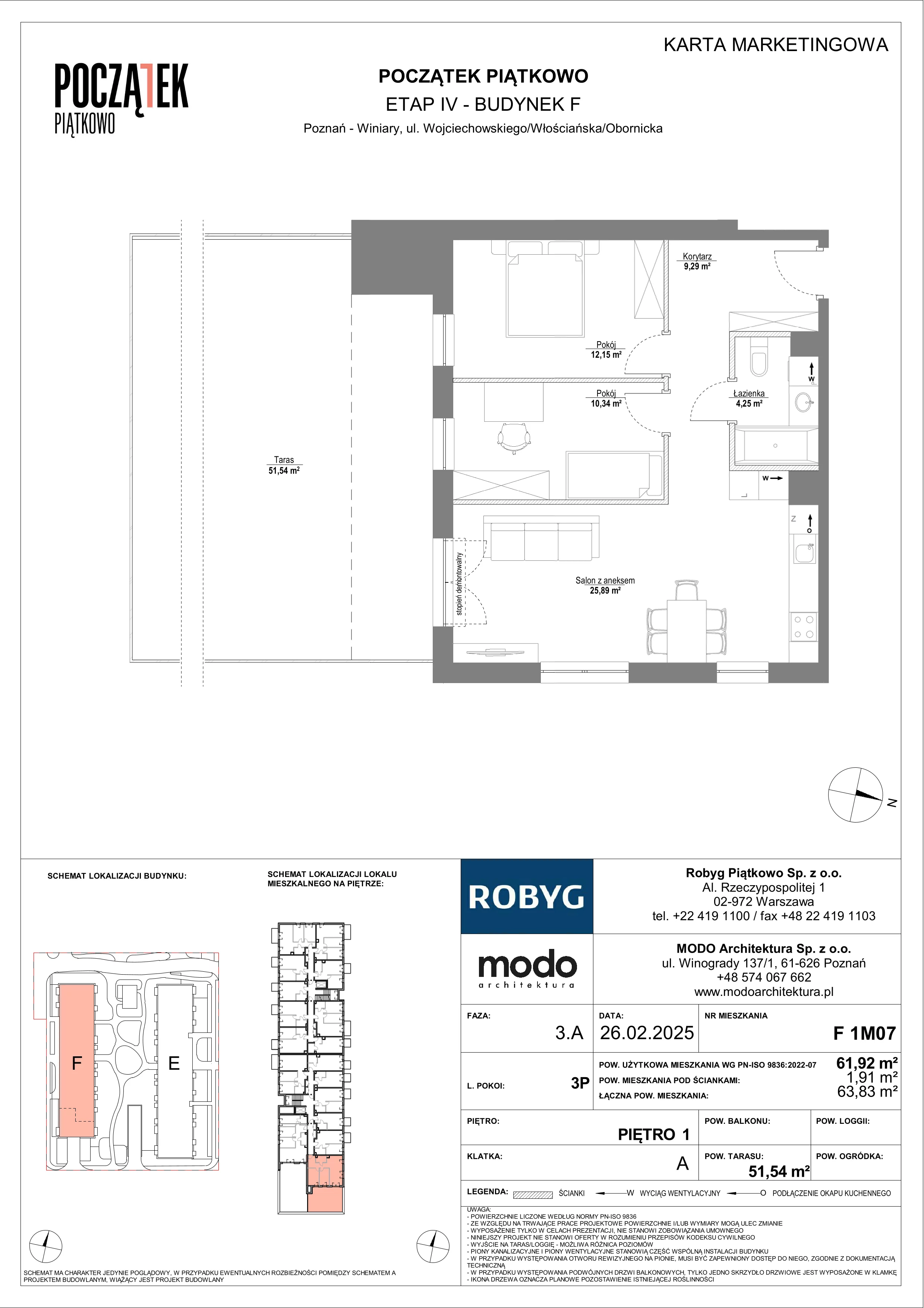 3 pokoje, mieszkanie 61,92 m², piętro 1, oferta nr F.1M07, Początek Piątkowo Budynek F, Poznań, Piątkowo, ul. Wojciechowskiego