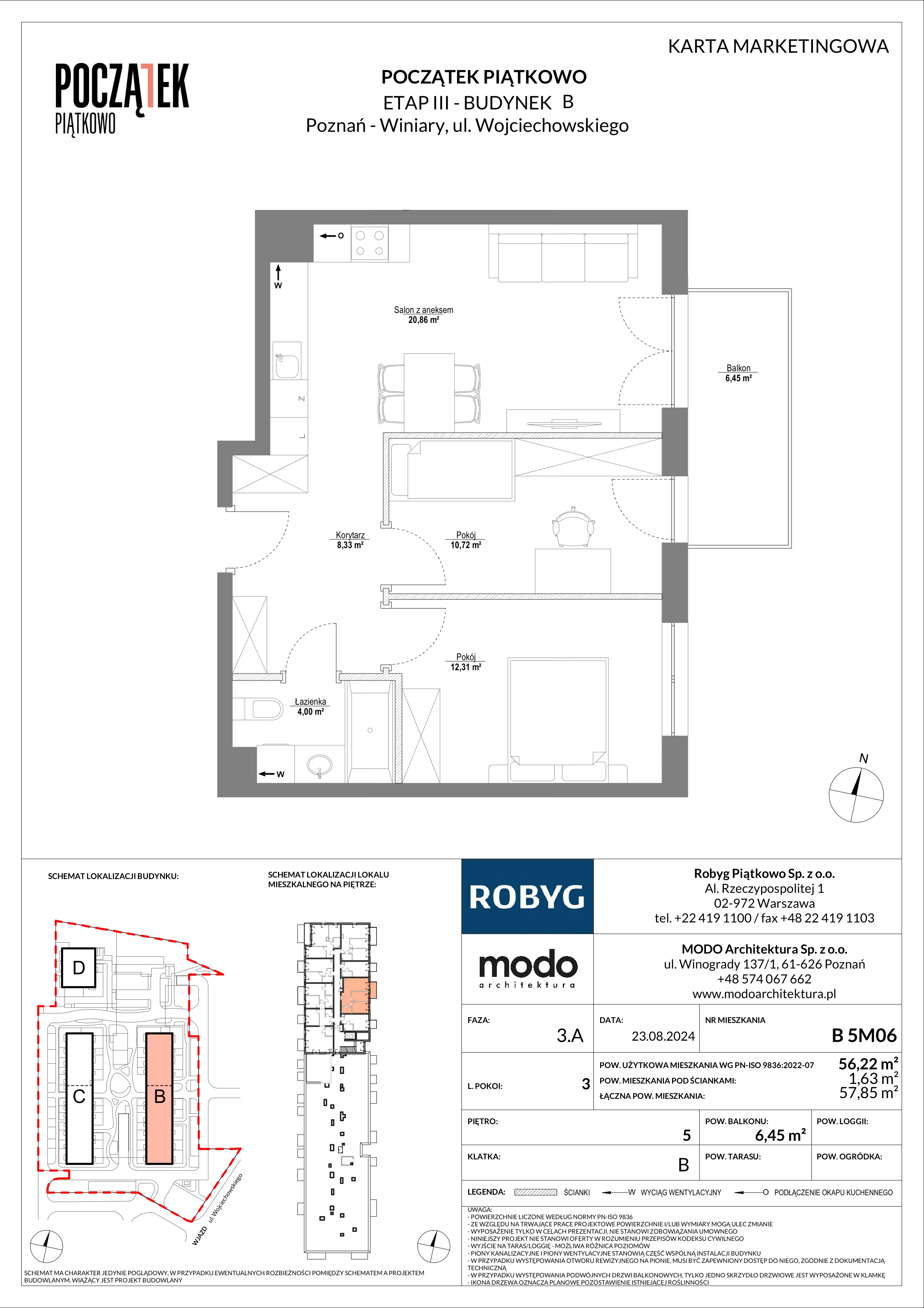 3 pokoje, mieszkanie 56,22 m², piętro 5, oferta nr B.5M06, Początek Piątkowo, Poznań, Piątkowo, ul. Wojciechowskiego
