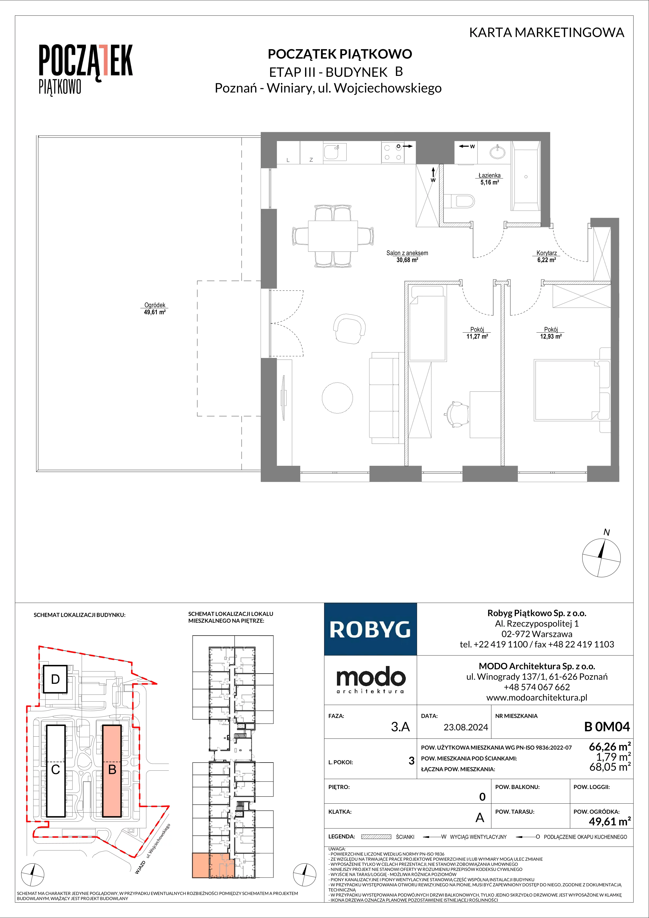 3 pokoje, mieszkanie 66,26 m², parter, oferta nr B.0M04, Początek Piątkowo, Poznań, Piątkowo, ul. Wojciechowskiego