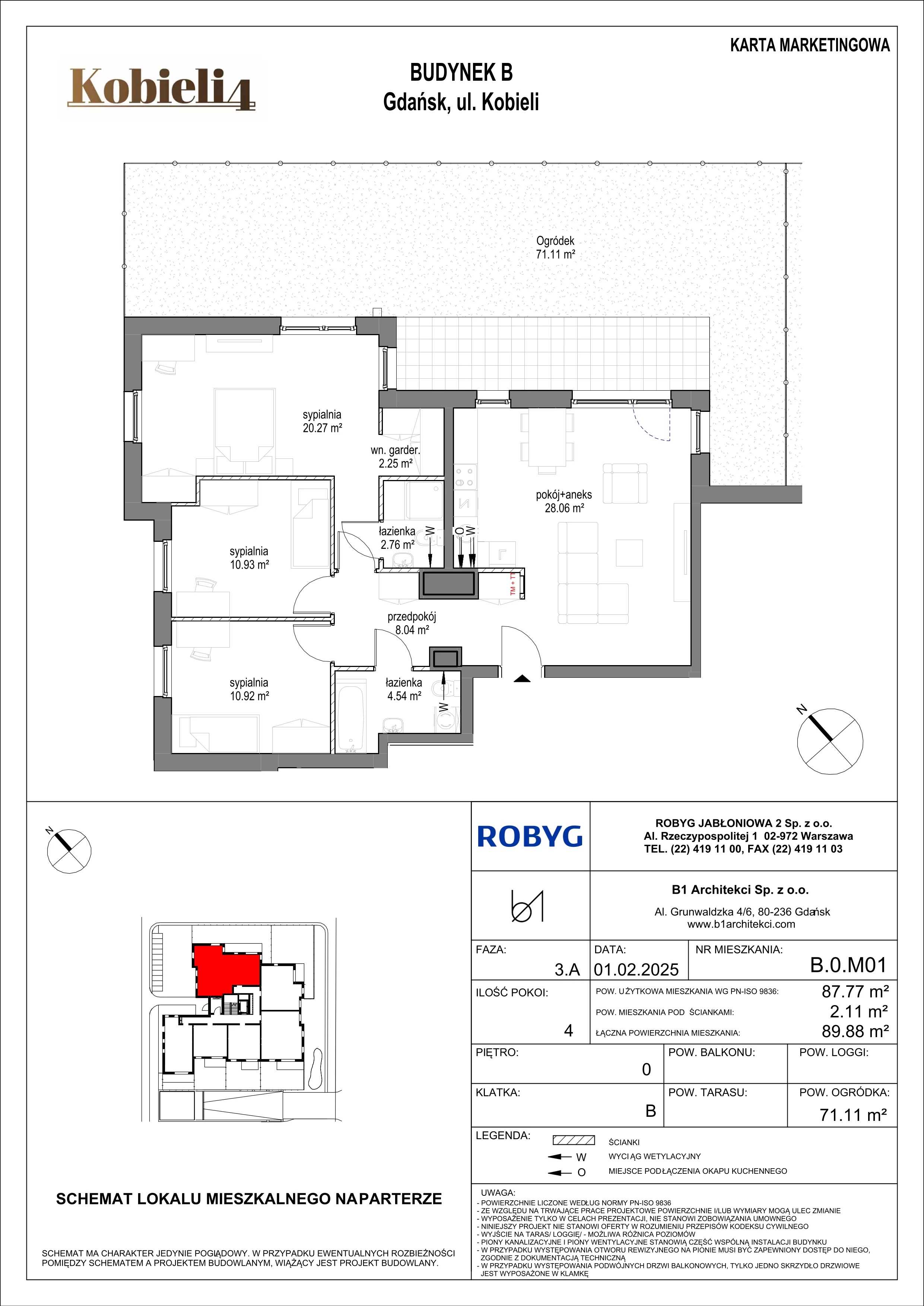 4 pokoje, mieszkanie 87,77 m², parter, oferta nr B.0M01, KOBIELI 4, Gdańsk, Brzeźno, ul. Bogumiła Kobieli / Gdańska