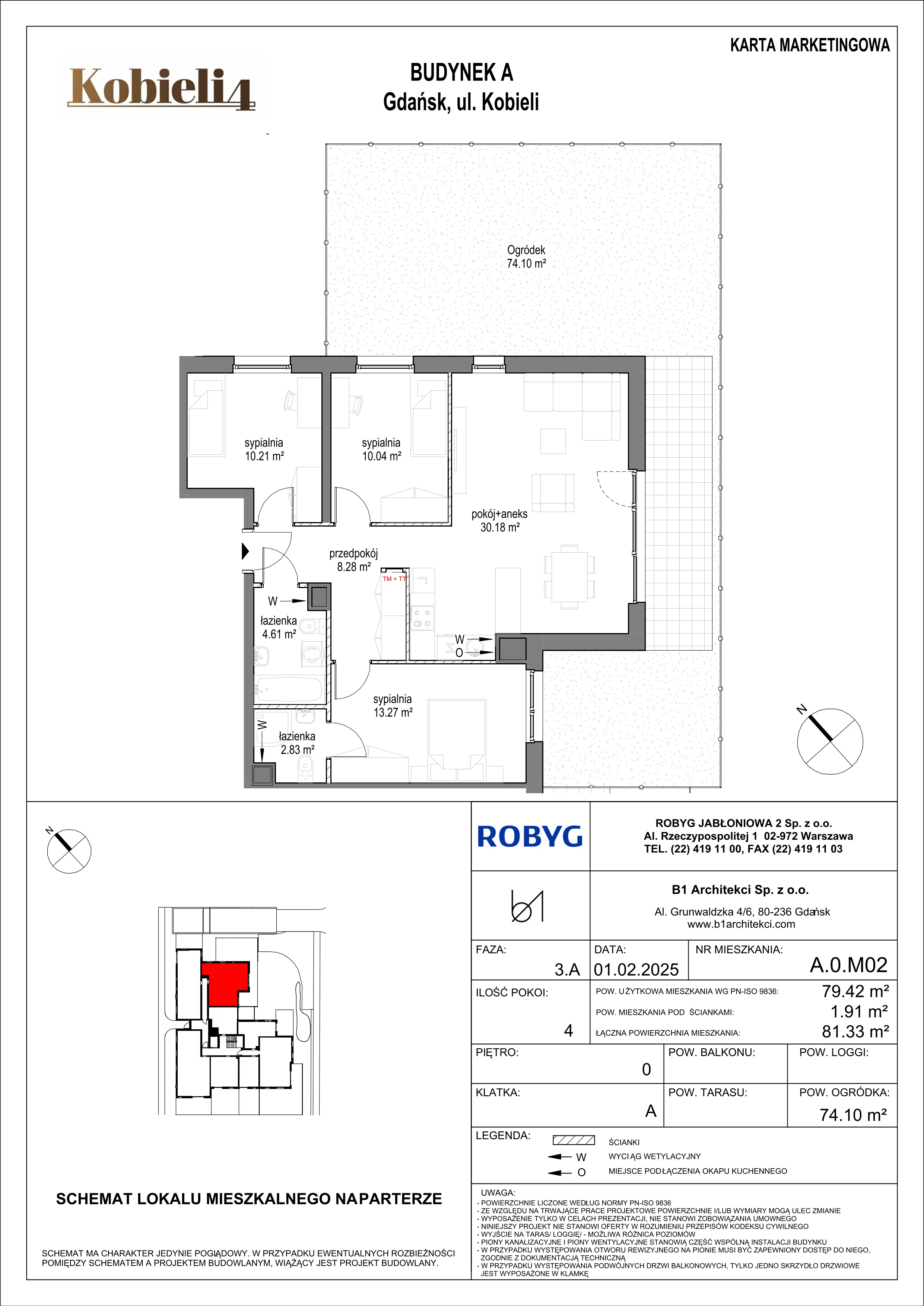 4 pokoje, mieszkanie 79,42 m², parter, oferta nr A.0M02, KOBIELI 4, Gdańsk, Brzeźno, ul. Bogumiła Kobieli / Gdańska