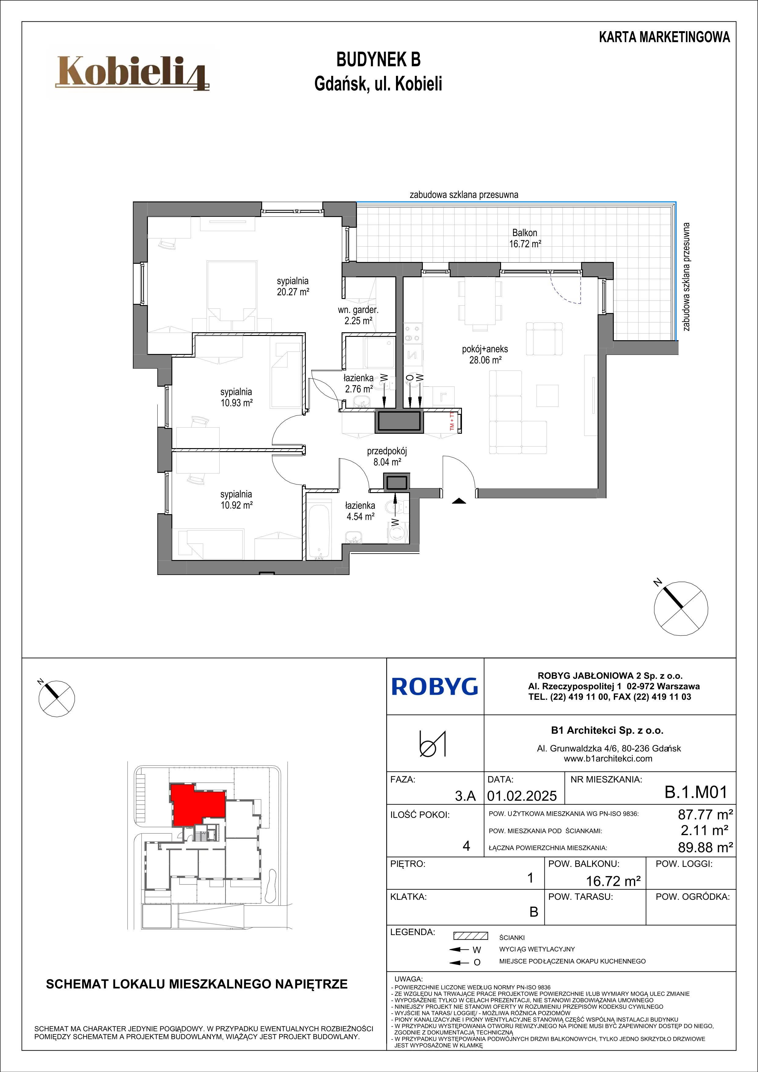 4 pokoje, mieszkanie 87,87 m², piętro 1, oferta nr B.1M01, KOBIELI 4, Gdańsk, Brzeźno, ul. Bogumiła Kobieli / Gdańska