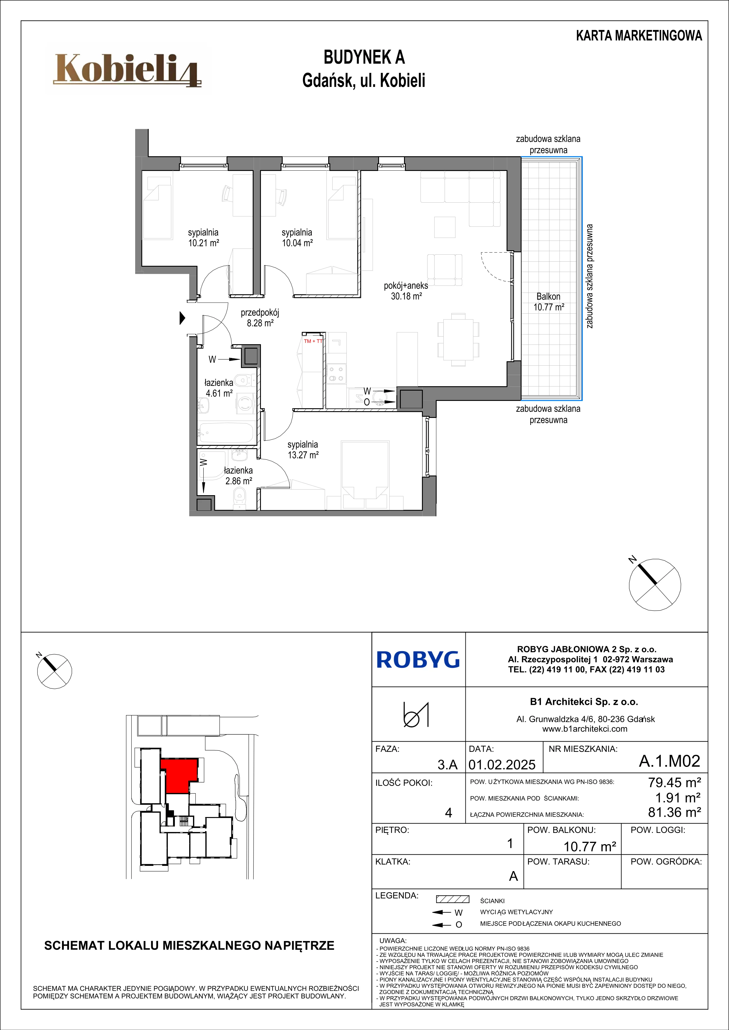 4 pokoje, mieszkanie 79,45 m², piętro 1, oferta nr A.1M02, KOBIELI 4, Gdańsk, Brzeźno, ul. Bogumiła Kobieli / Gdańska