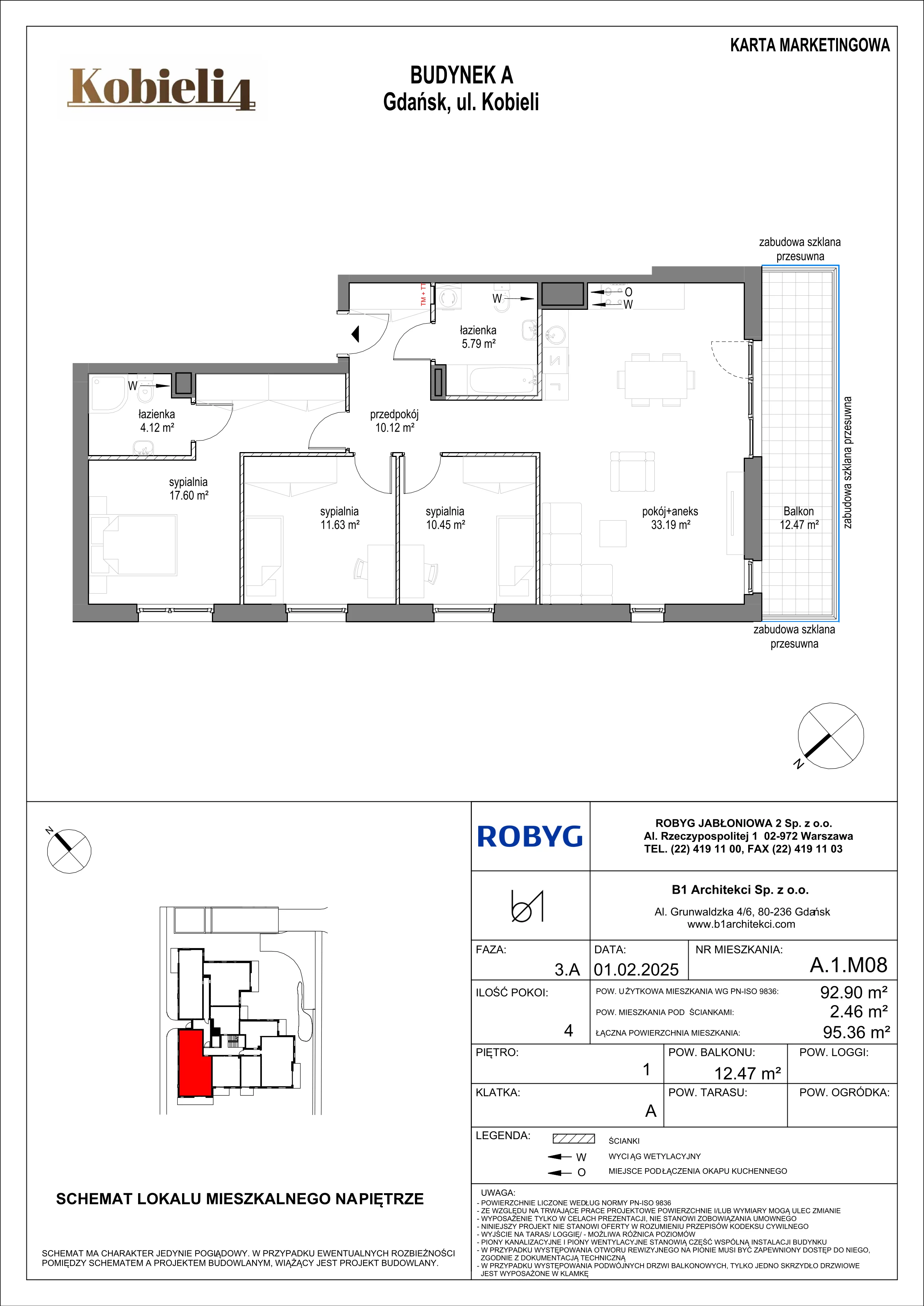 4 pokoje, mieszkanie 92,90 m², piętro 1, oferta nr A.1M08, KOBIELI 4, Gdańsk, Brzeźno, ul. Bogumiła Kobieli / Gdańska