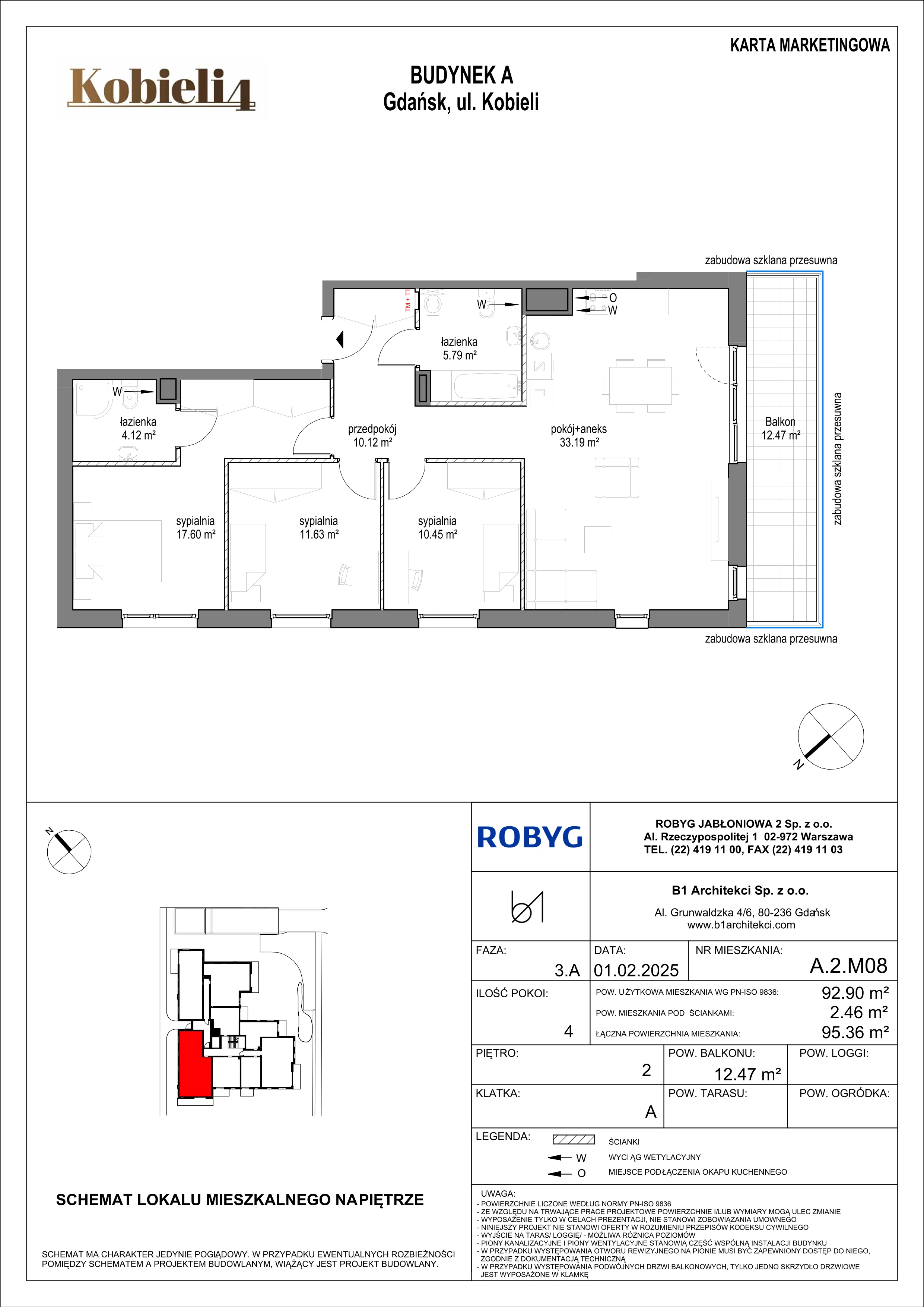 4 pokoje, mieszkanie 92,90 m², piętro 2, oferta nr A.2M08, KOBIELI 4, Gdańsk, Brzeźno, ul. Bogumiła Kobieli / Gdańska